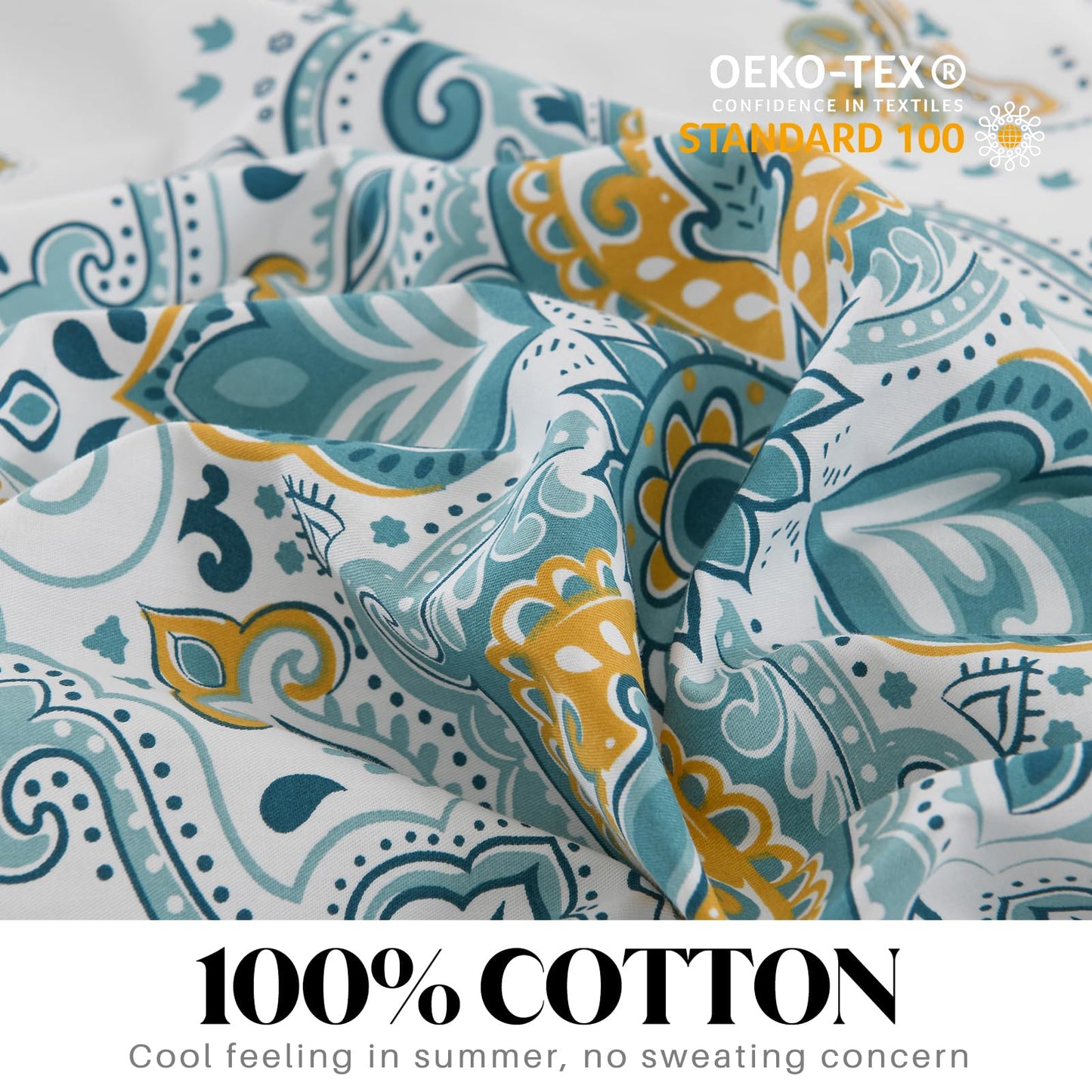 CozyDH Cotton Duvet Cover King Size - 100% Cotton 400TC Blue White Damask Paisley Floral Pattern Duvet Cover Set, Ultra Soft Lightweight Farmhouse Bedding Set 3pcs (King, 104x90, No Comforter)