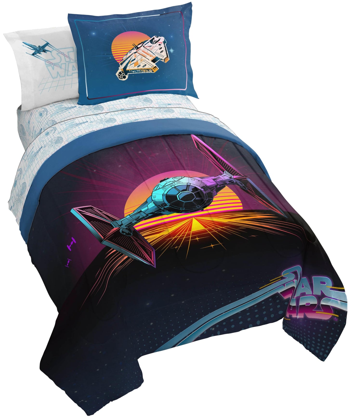 Jay Franco Kids Comforter Set Includes Sheets and Pillow Covers - Soft and Cozy Bed Set for Stylish Room Decor, Blue - Star Wars 02, 5 Piece Twin Size Bedding