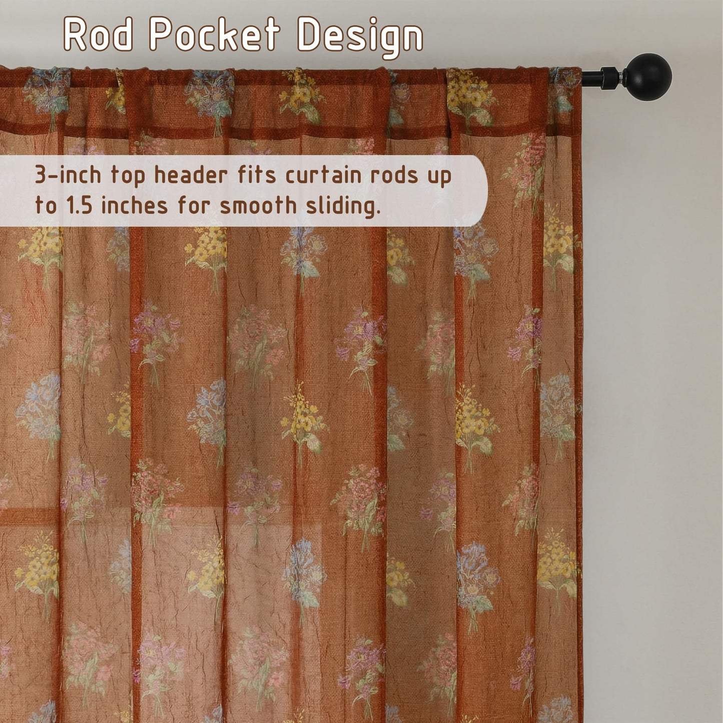 Ebesto Crushed Floral Sheer Curtains 63 Inch Length - Light Filtering Printed Sheer Flower Patterned Curtains for Bedroom, Spring Romantic Rod Pocket Window Drapes, 2 Panels, 42Wx63L, Terracotta