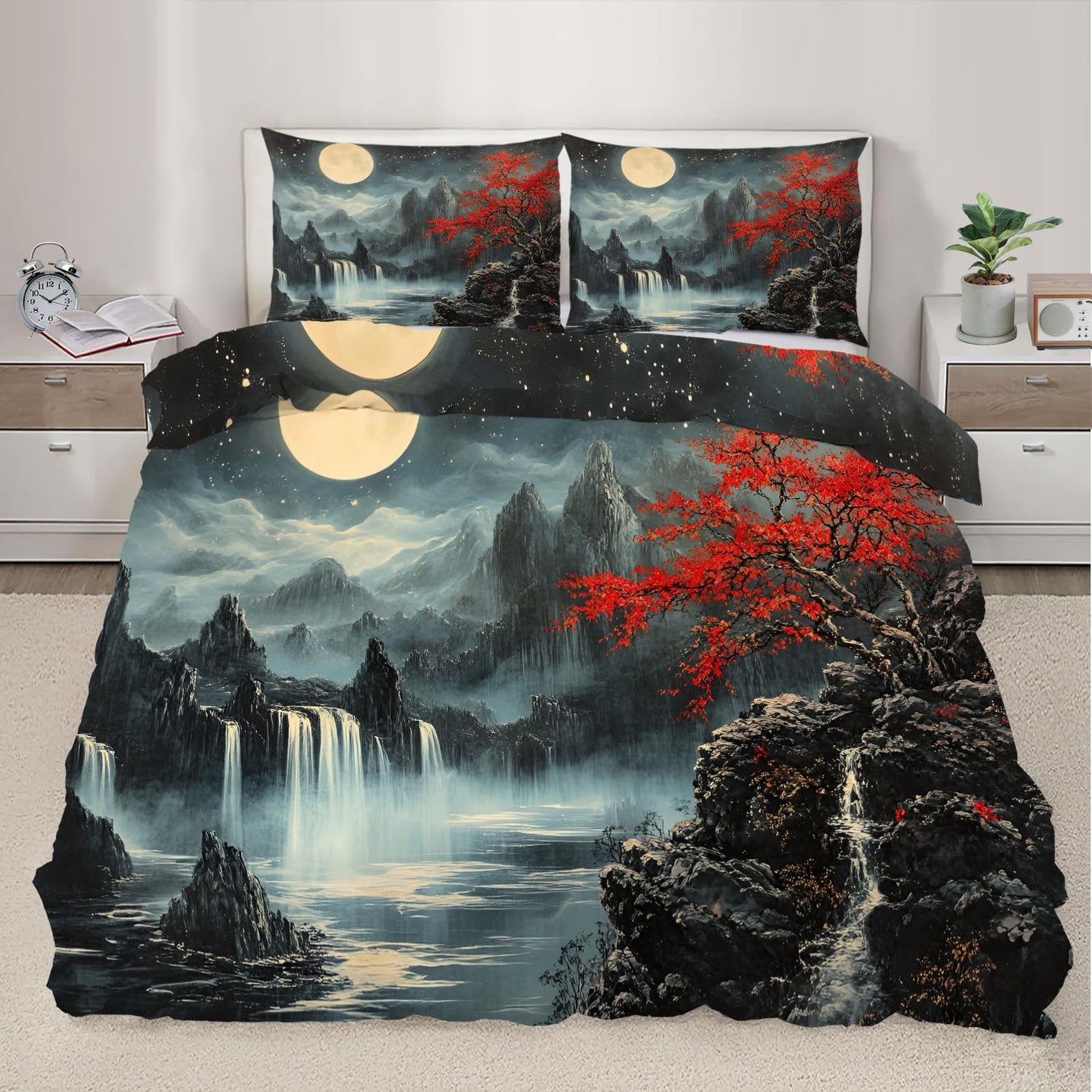 PAISUOQ Waterfall Bedding Sets Full Oriental Night Scene Comforter Cover with Zipper Ties, Traditional Paintings Duvet Cover with 2 Pillowcases, 3 Pieces，Bedroom Decor & Gifts
