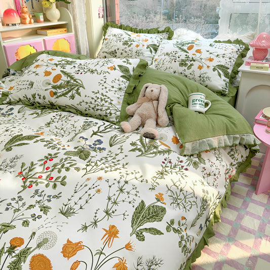 Queen Comforter Set Green Floral Comforter Queen Size Cute Flower Plants Botanical Comforter Romantic Girls Ruffle Lace Bedding Set Comfy Fluffy Soft Cottagecore Comforter Set with 2 Pillowcases