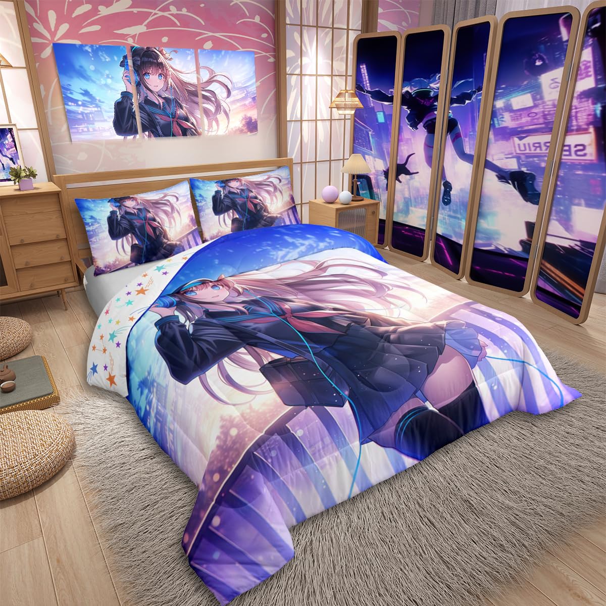 Erosebridal Anime Girl Bedding Set Full Size, Japanese Anime Comforter Set for Kids Boys Teens Bedroom Decor, Cartoon Girl Duvet Insert Kawaii Japanese Animation Quilt with 2 Pillow Cases