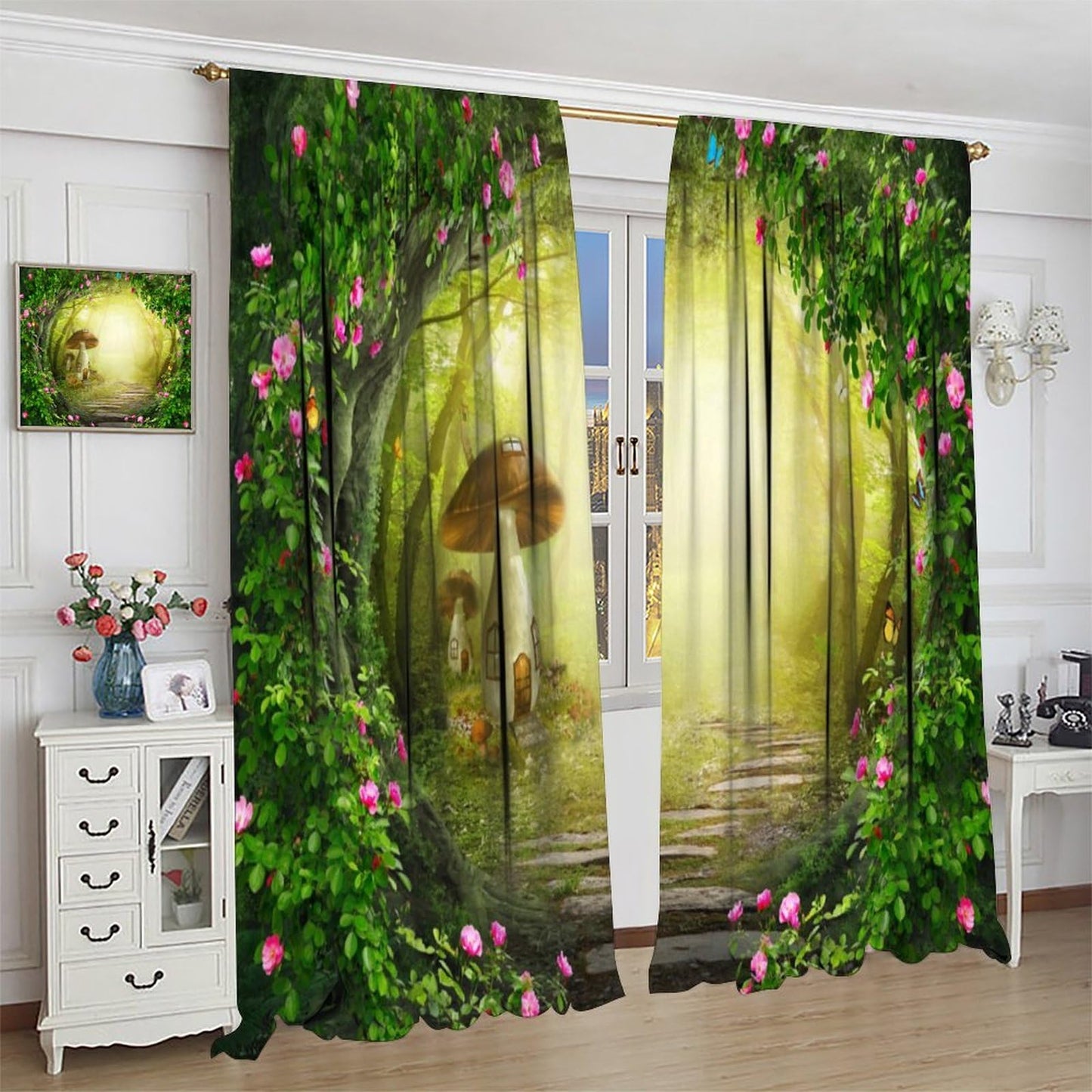 Enchanted Woodland Curtain, Fantasy Fairy Tale Butterfly Tree Mushroom Jungle Rainforest Nature Scenery Window Drapes for Kids Bedroom Living Room 42" W X 45" L(30% Blackout)