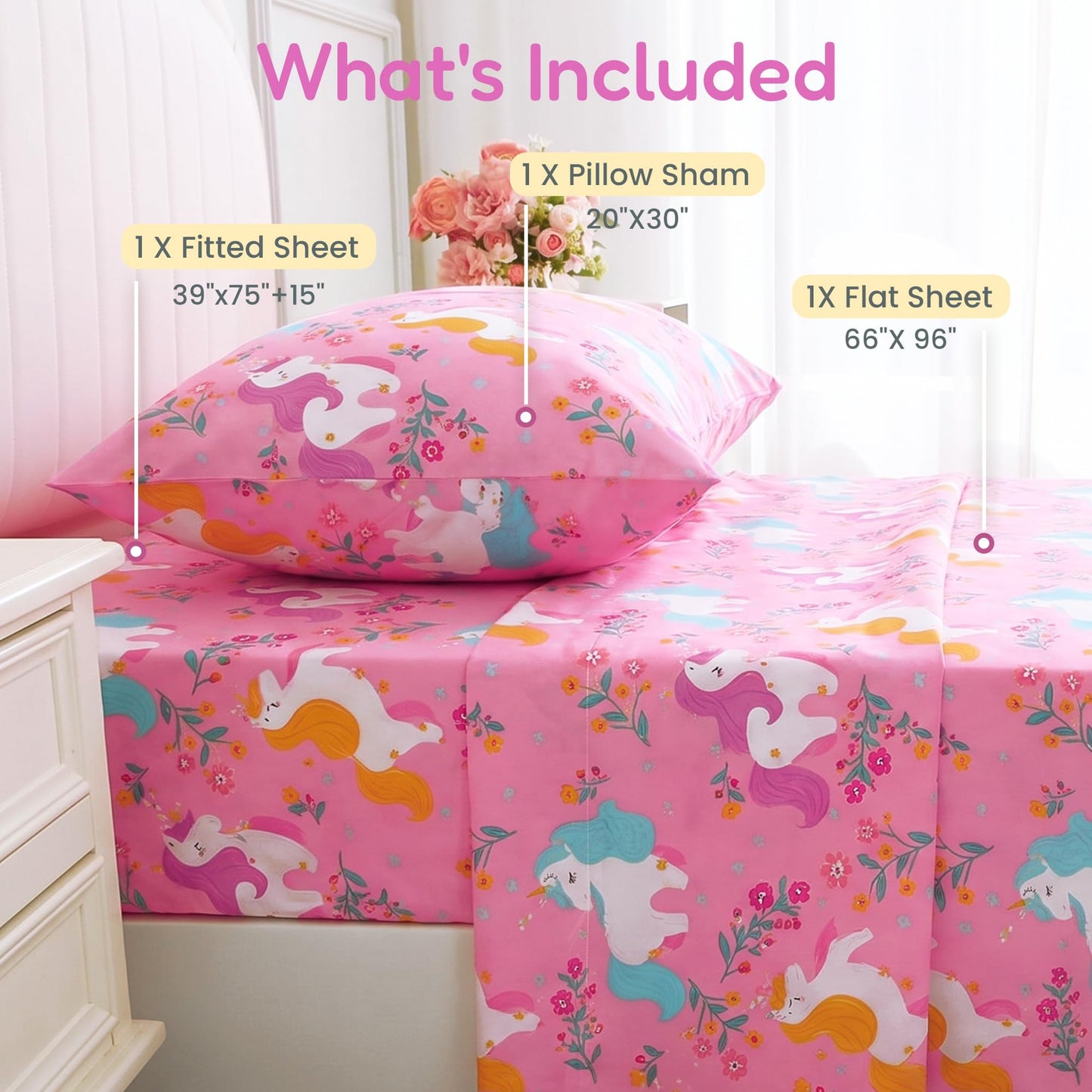 Softan Kids Twin Sheets Set, 3 Piece Unicorn Bedding Set for Girls, Soft Breathable Microfiber with 15" Deep Pocket, Fitted Flat Sheet & Pillowcase