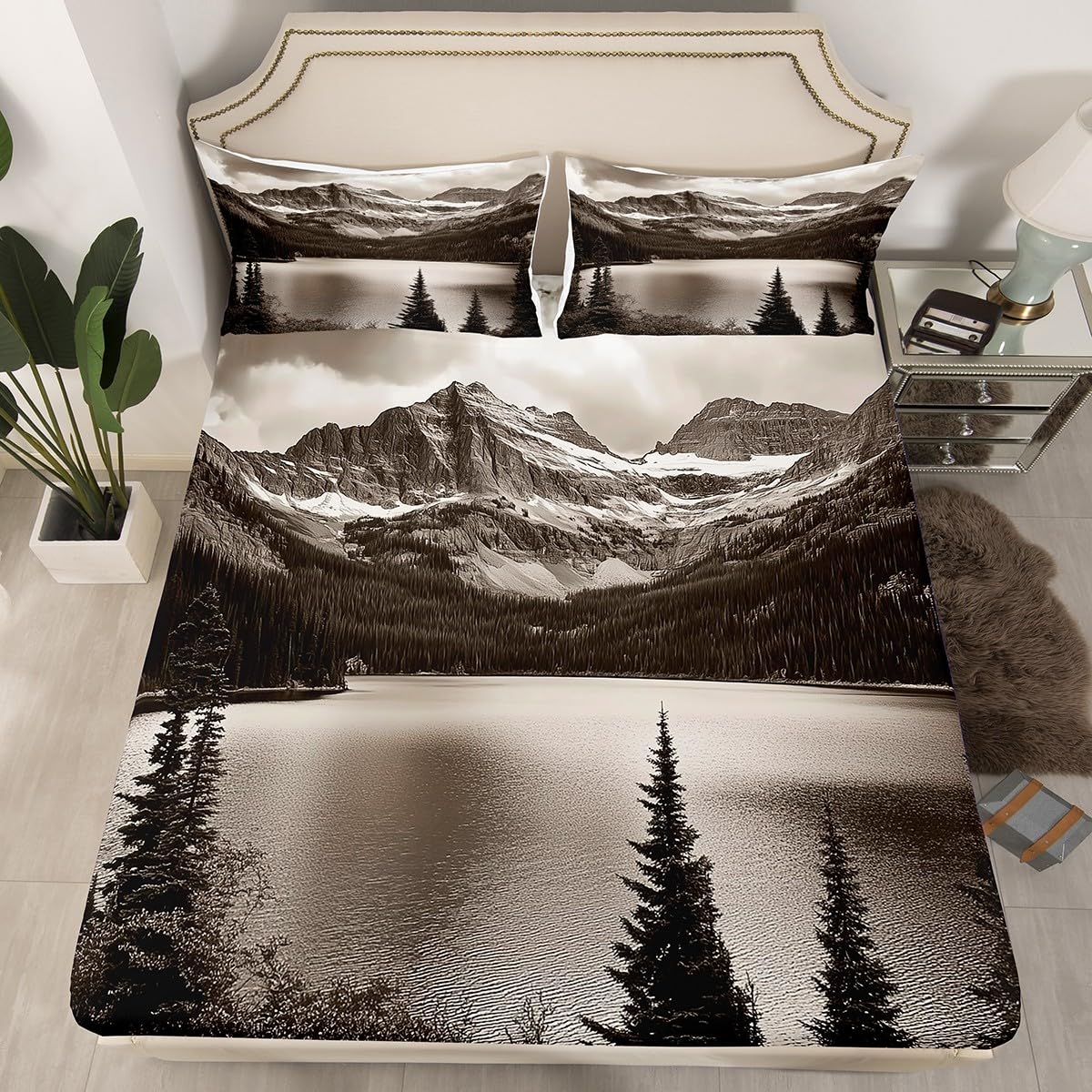 Erosebridal High Mountain Bed Sheets King Size Nature Theme Bedding Set Lake Pine Trees Sheet Set for Teens Adults Men Bedroom,Grey Landscape Fitted Sheet Flat Sheet 2 Pillow Cases
