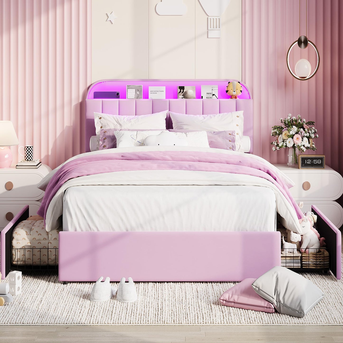 Garvee Full Size Bed Frame with 2 Flexible Drawers, Upholstered Platform Bed Frame with Bookcase Headboard and LED Lights, Kids Bed for Girls, Easy Assembly, Noise Free, Purple