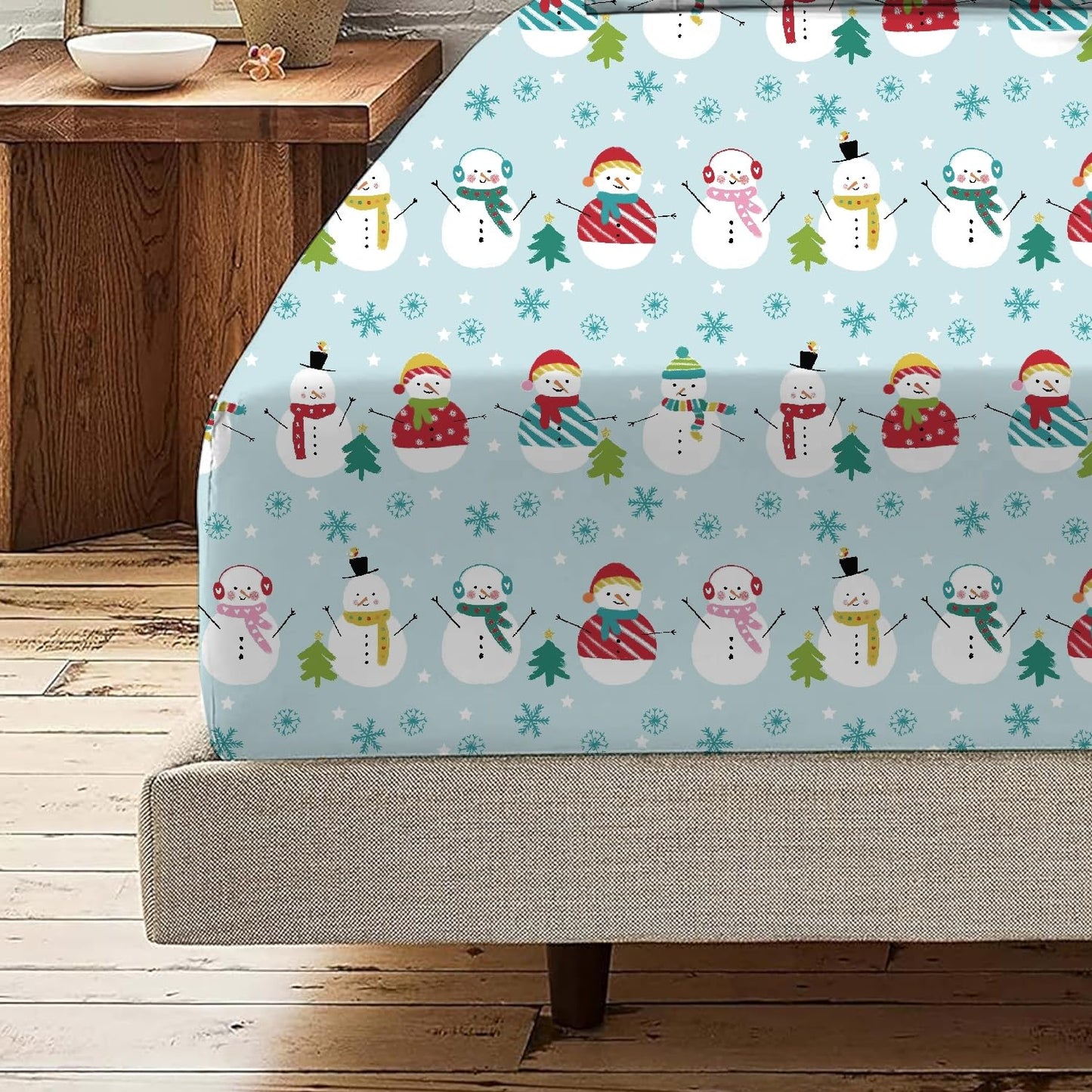 Shreem Linen Queen Sheet Set - 4 Piece Bedding - Brushed Microfiber Soft Sheets for Queen Size Bed with Flat,Fitted Sheet,2 Pillow Cases (Starry Snowmen)