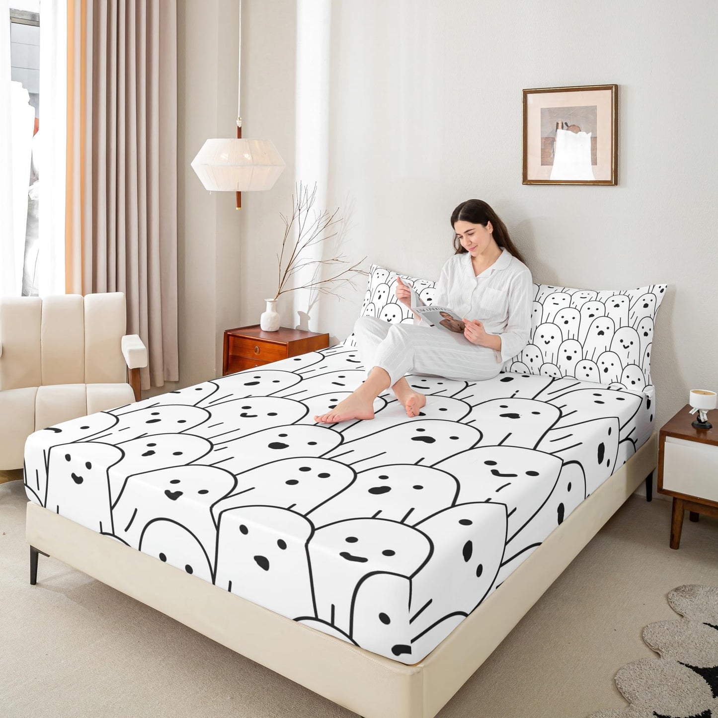 Castle Fairy Cute Ghost Fitted Sheet Queen Size Black and White Bedding Set Halloween Theme Sheet Set,Cartoon Ghost Bed Cover Ultra Soft Breathable Bedspread 3 Pcs for Kids Teens Boys No Flat Sheet