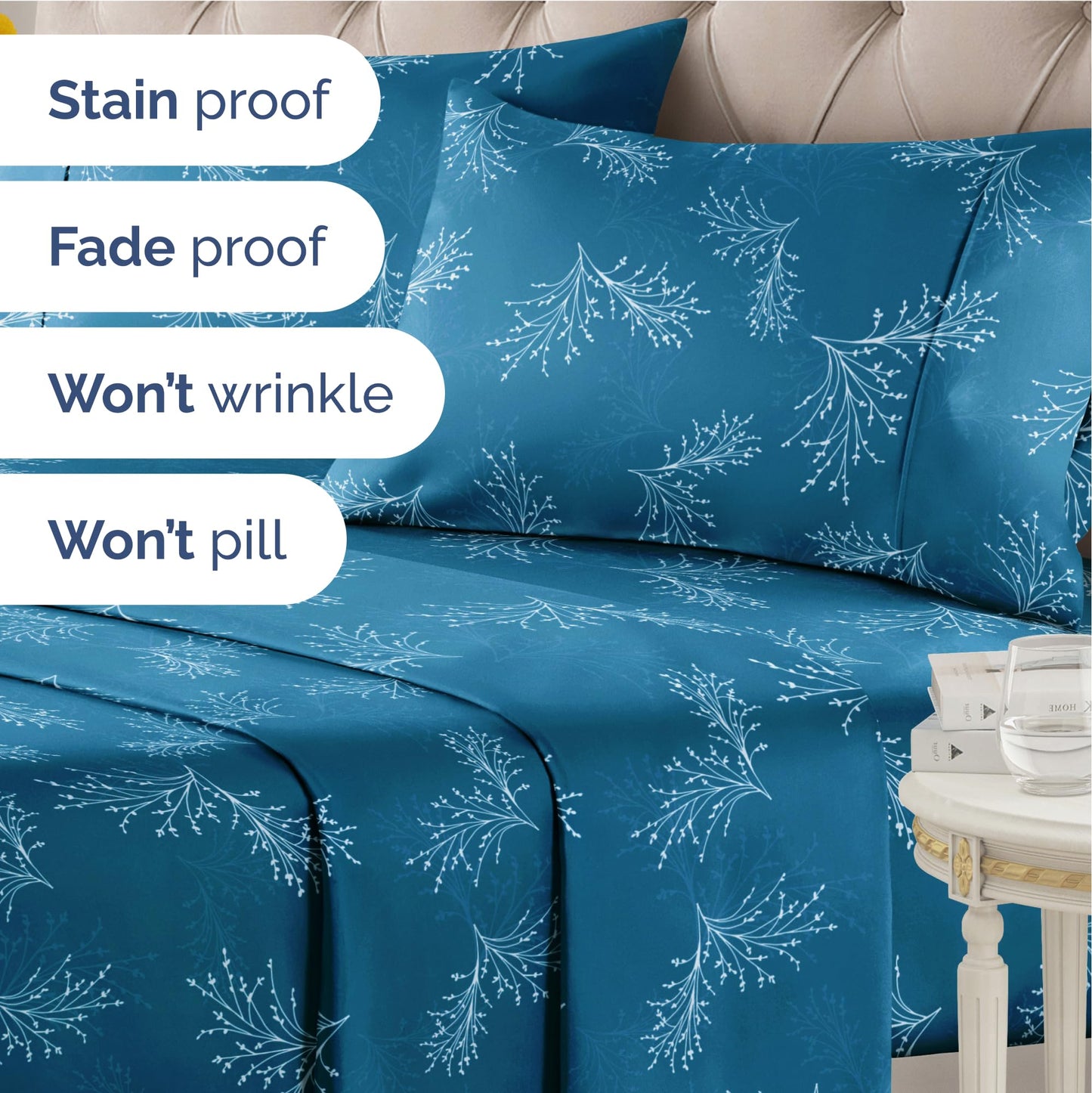 Floral Sheets - Blue & White Floral Bed Sheet Set - 1 Flat, 1 Fitted & 2 Pillowcases w/ Deep Pockets - Wrinkle & Fade Free - Boho Botanical Bedding - Ultra-Soft, Breathable & Cooling - King Size Set