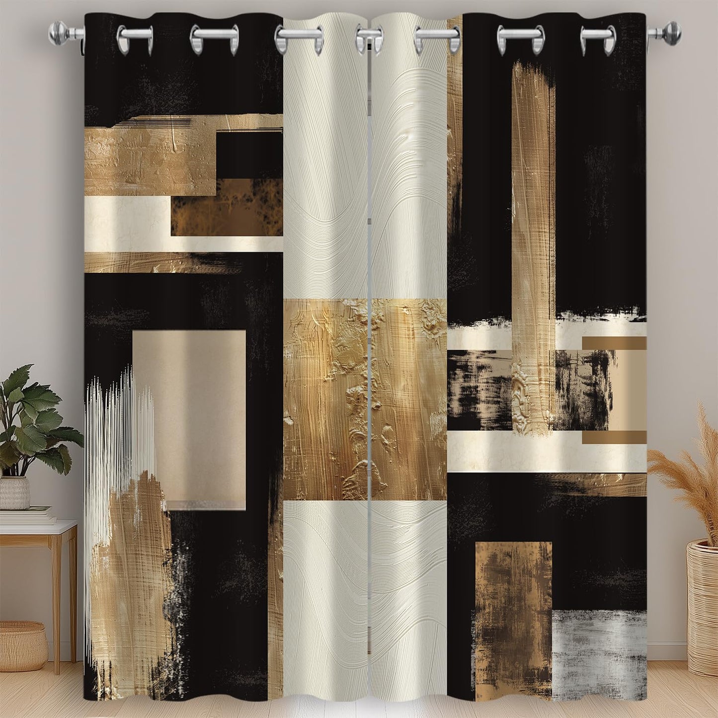 Moyrisou Boho Black Gold Abstract Blackout Curtains, Modern Oil Aesthetic Neutral Contemporary Beige Darkening Thermal Insulated Grommet Light Blocking Drape Decor, 52 x 84 Inch Long 2 Panels