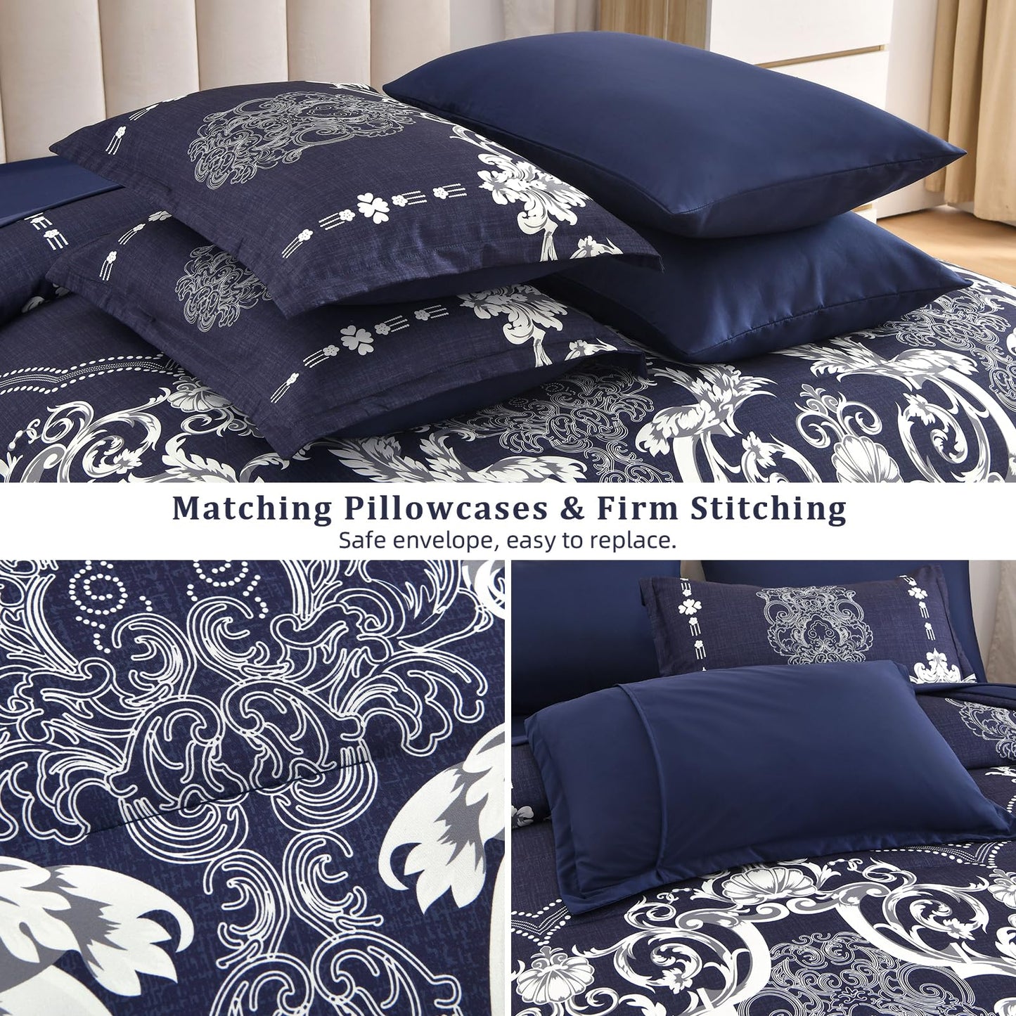 Mybedsoul Navy Blue Queen Comforter Set, 7 Pieces Boho Bed in a Bag for Queen Bed, Damask Comforter with Sheets Pillowcases, Soft Microfiber Lightweight Bedding Sets for All Season(90"x90")