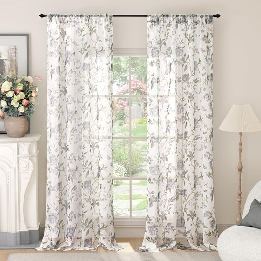 Lajode Floral Sheer Curtains for Living Room Window, Vintage Farmhouse Light Filtering Privacy Semi-Sheer Linen Curtains for Bedroom 84 Inch Length 2 Panels, Rod Pocket, Grey, Each 52 Inch Wide