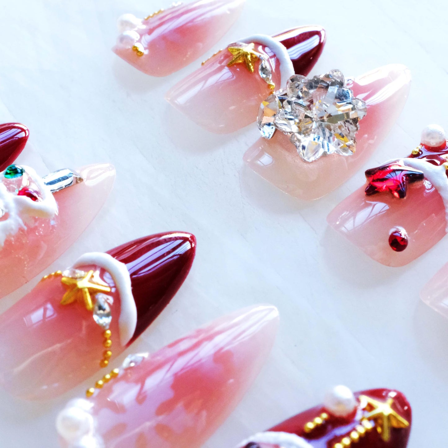 GLORS Christmas Press-on Nails, Medium Length Almond Shape, 3D Design with Snowflakes and Trees, Red and Pink, 10 Pieces (Medium, Almond)