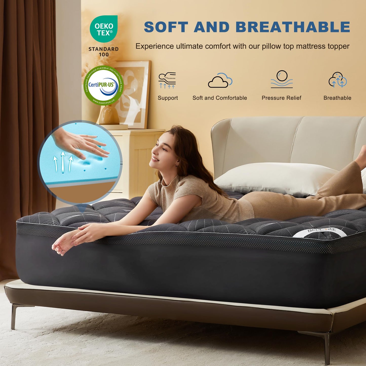 Bedlore 4-Inch Twin Mattress Topper for Back Pain - Dual Layer Medium Support (2" Gel Memory Foam + 2" Cooling Fluffy Pillow Top Pad), Breathable & Pressure Relief (Gray)