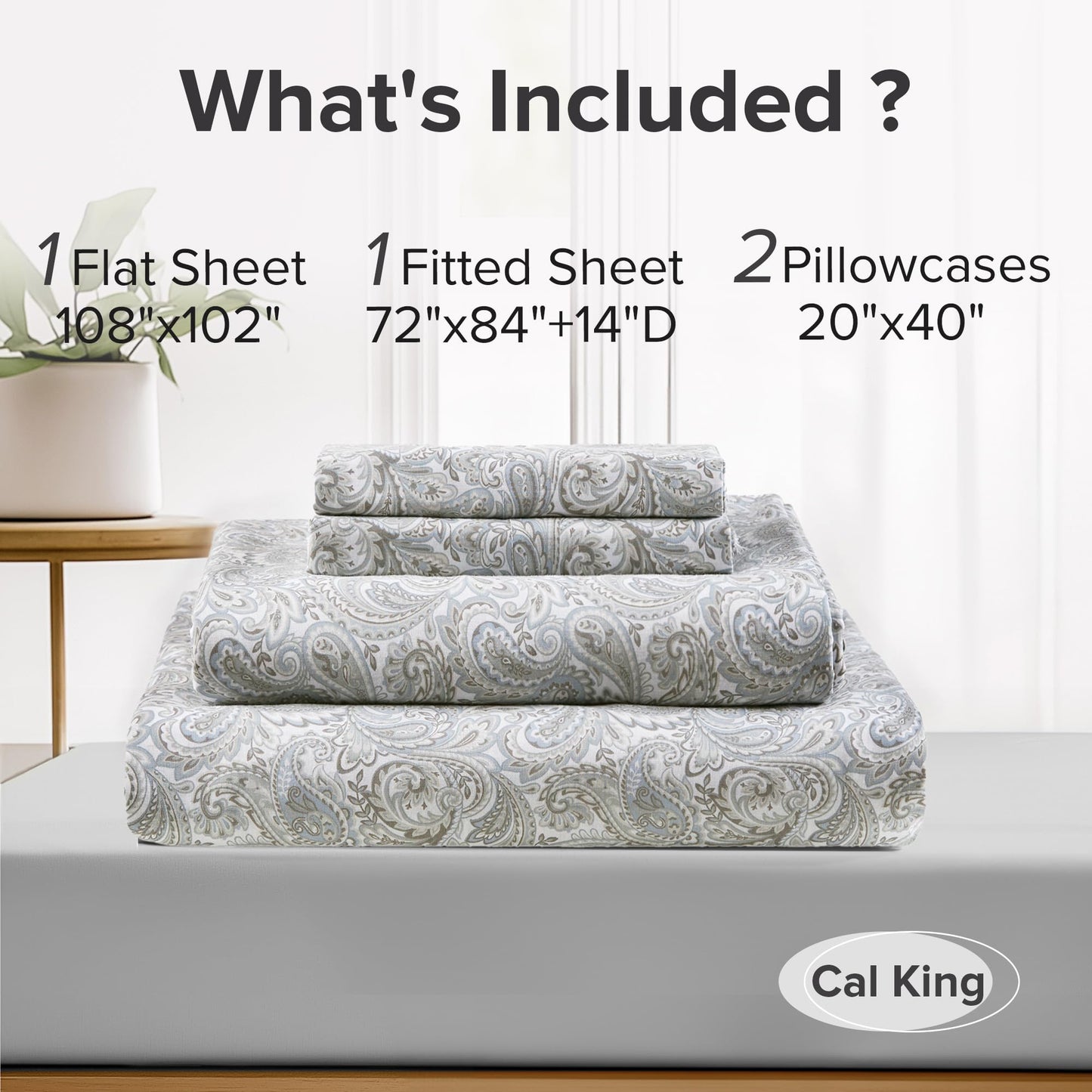 Comfort Spaces 100% Cotton Sheet Set Breathable, Lightweight, Soft with 14" Elastic Pocket Fits up to 16" Mattress, All Season Cozy Bedding, Matching Pillow Case, Cal King Paisley Multi 4 Piece