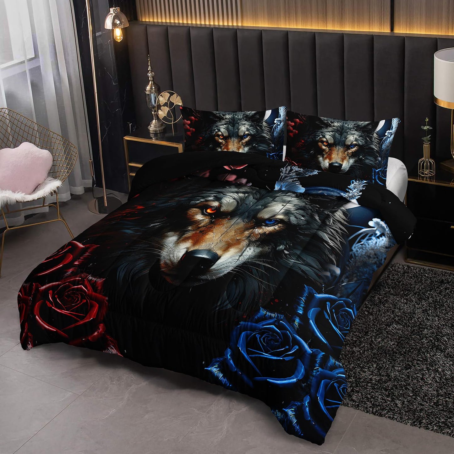 Nttopship Wolf Bedding Set Twin Size,Blue and Red Roses Comforter Set 3 Piece for Girls Boys Kids Teens,Wildlife Bed in a Bag Sets 3D Wild Animal Print Bedding Set Comforter with 2 Pillowcase