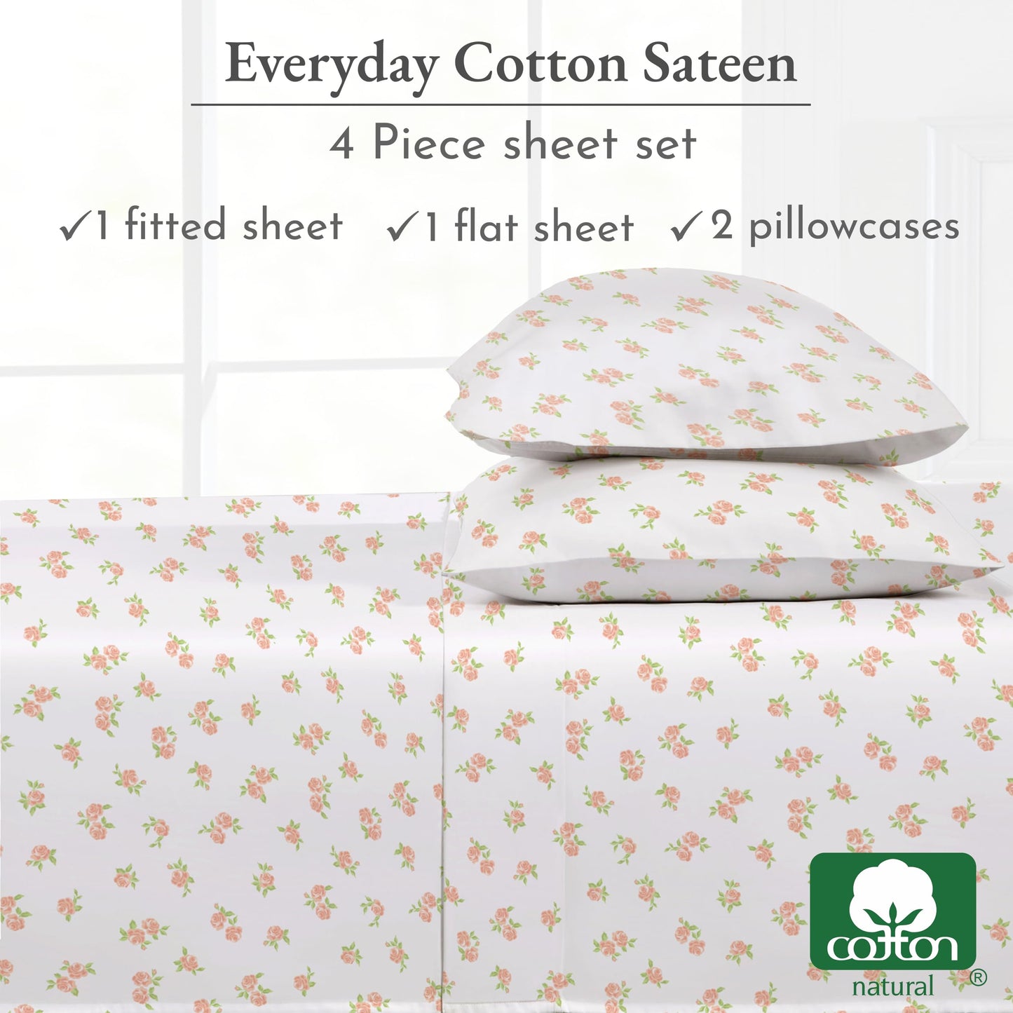 California Design Den Floral Pattern Bed Sheet Set Queen Size, 100% Cotton Sateen Deep Pocket Queen Sheets & Pillowcase Set - Chic Floral