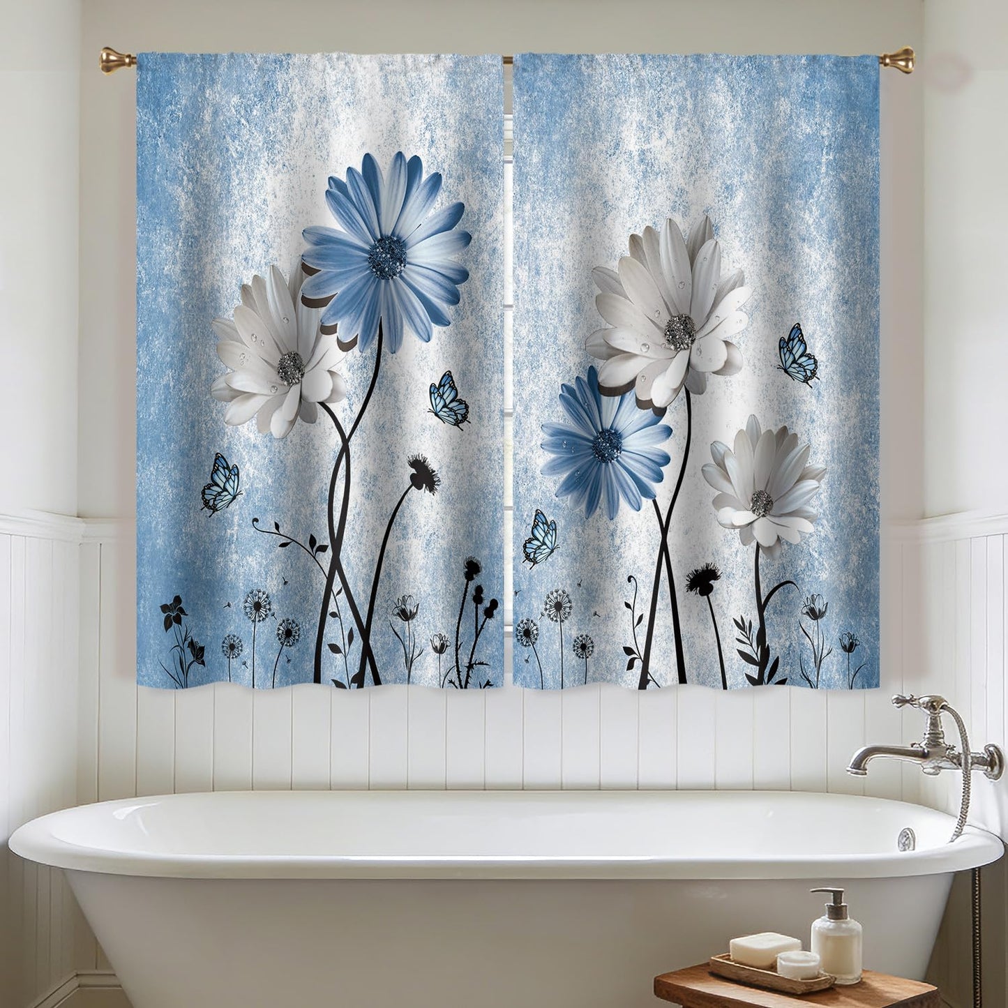 Cizuug Rustic Blue Daisy Floral Kitchen Curtains Farmhouse Flower Small Short Cafe Window Curtains Butterfly Country Rod Pocket Bathroom Window Drapes Treatment Tier Curtains 2 Panels (27.5x39 Inch)