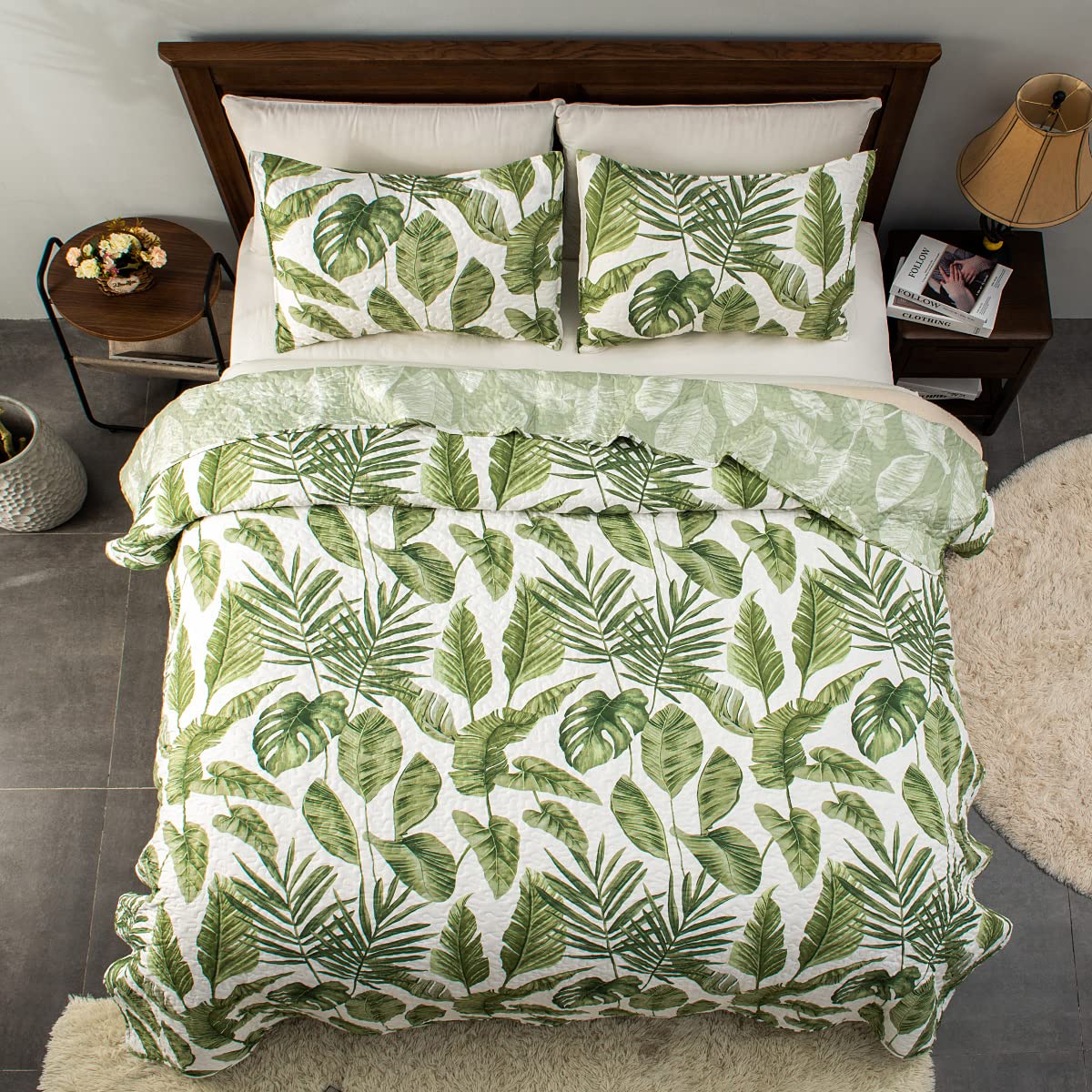 HORIMOTE HOME Tropical Plants Quilt Set Queen Size 3 Pieces, Green Palm Leaves Rainforest Style Fine Printed Reversible Bedspreads Bedding Sets, Soft and Lightweight Bed Coverlet for All Season
