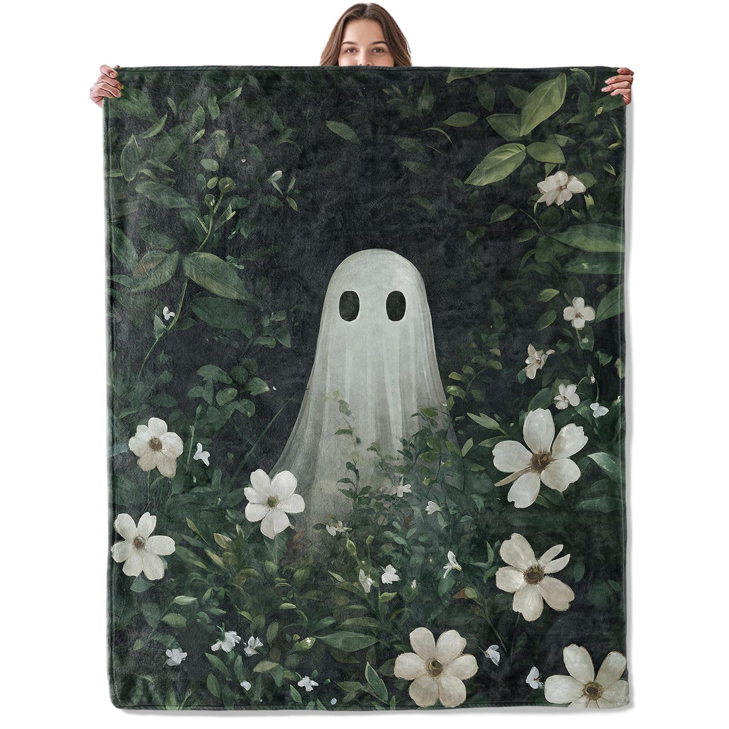 Lugiu Aesthetic Ghost Floral Blanket, Lightweight Comfy Spooky Cute Sheet Ghost Blankets for Couch Sofa Bedroom, Soft Plush Travel Flannel Throw Blanket Gifts for Adults Kids Women, Home Decor 60×50in
