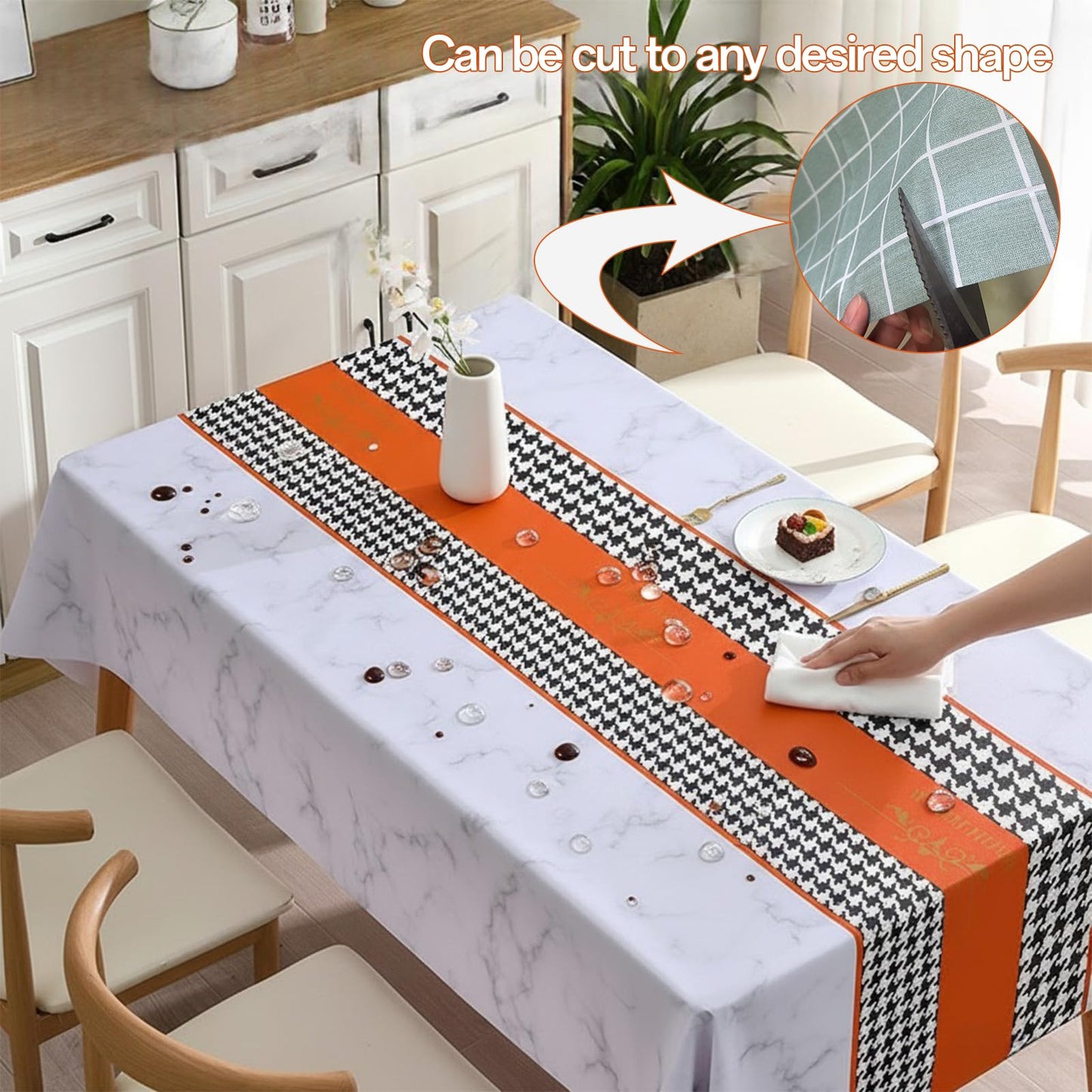 Qvthpv 55"x70" Rectangular PVC Tablecloth, Waterproof Oilproof Heatproof Kitchen Table Cover, Wipeable Stain Resistant Everyday Dining Table Cloth for Holidays Parties Camping (Marble Orange)