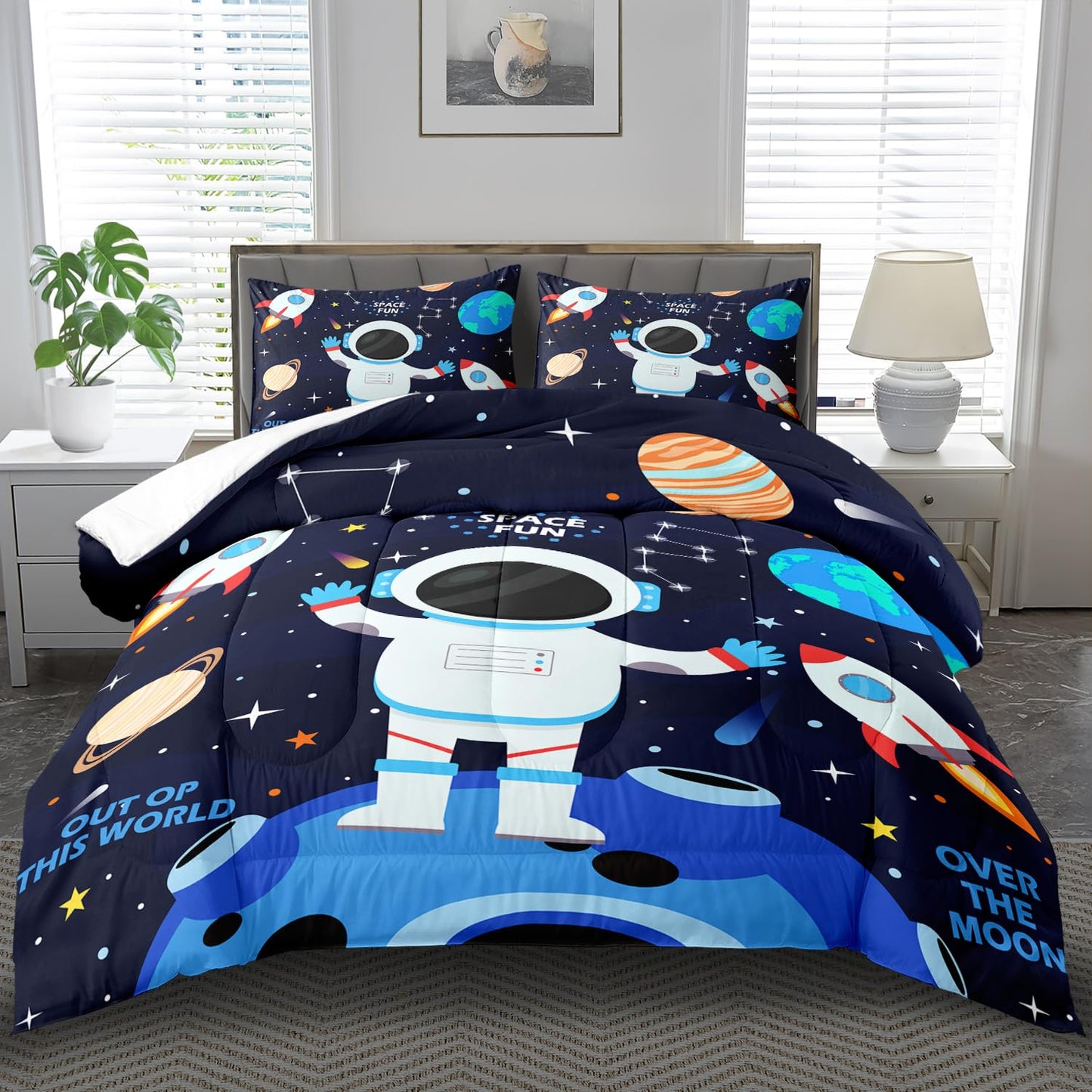 Llyxsest Blue Star Comforter Set Queen,Blue Space Bedding Set Queen for Boy,Star Quilt Space Themed Party Decorations,Galaxy Birthday Decorations for Kids and Adult