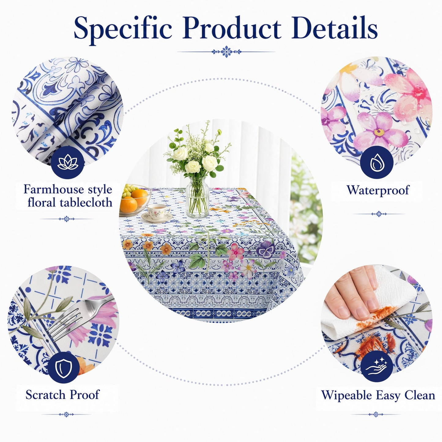 Viyeneyo Rectangle Tablecloth 60x102 Inch, French Toile Floral Table Cloth