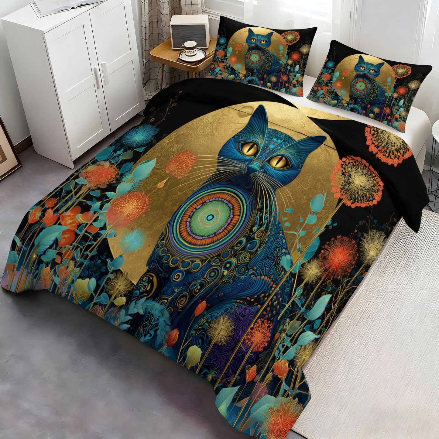 ZAMODE Cat Duvet Cover Oversized King Size, Boho Flower Cat Comforter Cover 120" x 98" & 2 Pillowcases, Retro Exotic Kitten Bedding Set with Zipper Ties
