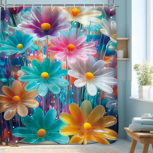 Glioown Colorful Daisy Flower Shower Curtain 60Wx71L, Botanical 3D Shower Curtains for Bathroom Decor, Decorative Blossom Plant Shower Curtain Set Home Decor 12 Pack Hooks