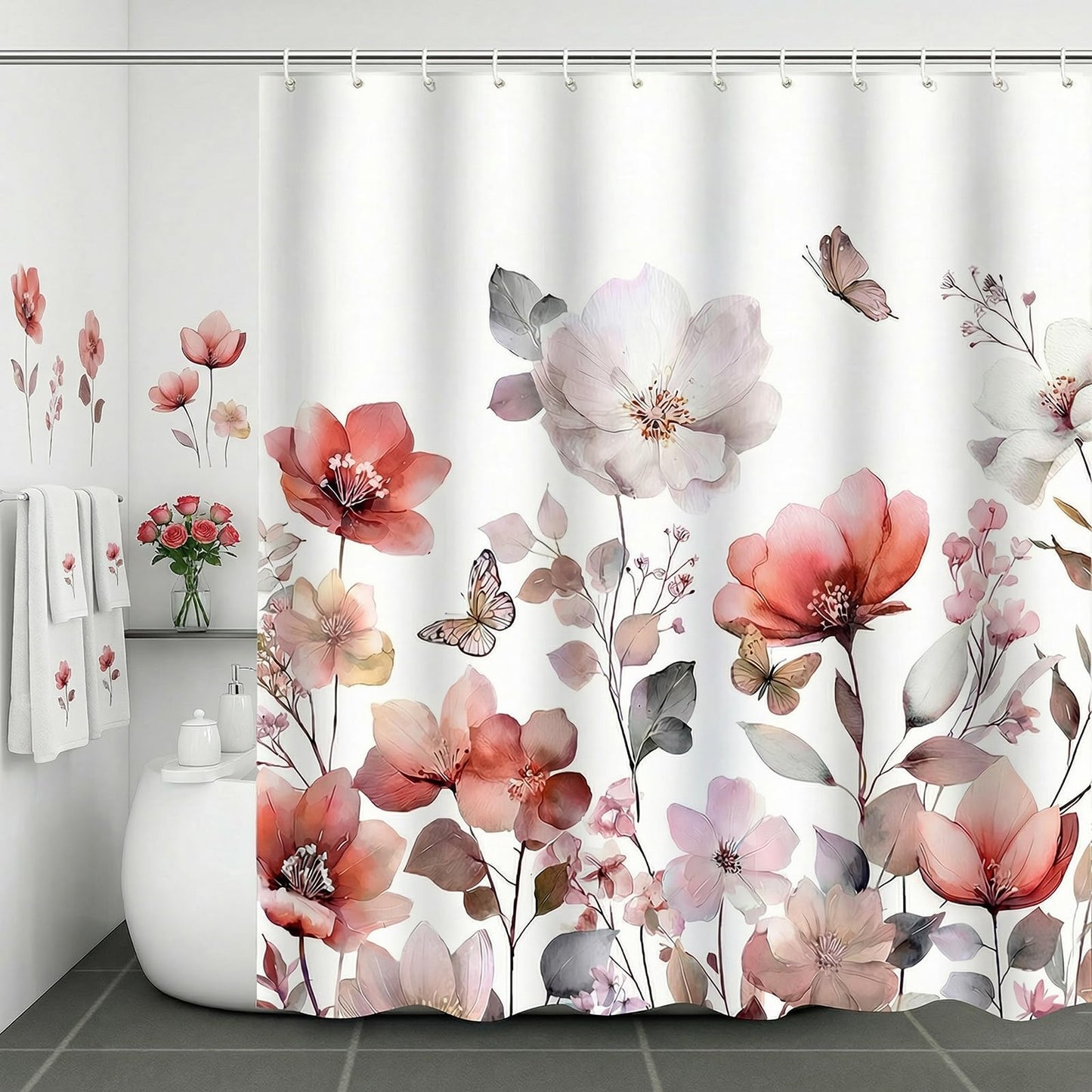 ZCHOMI Pink Red Floral Shower Curtain Watercolor Flower Leaves Butterfly Elegant Bathroom Curtains Waterproof Polyester Fabric Bath Curtain 72 x 72 Inch with 12 Hooks