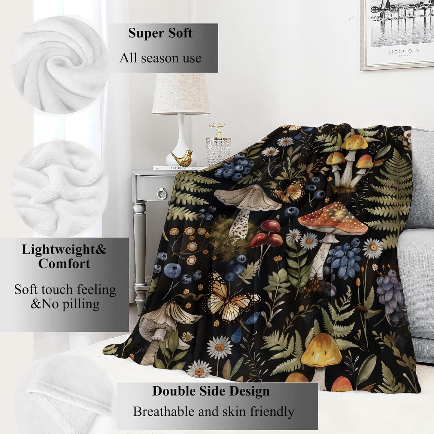 VODRM Mushroom Blanket Whimsical Forest Butterfly, and Foliage Nature Throw Blankets,Birthday Gifts for Girls Women,Lightweight Soft Fleece Cozy for Sofa Couch Bed Room Travel Decor 50x60in