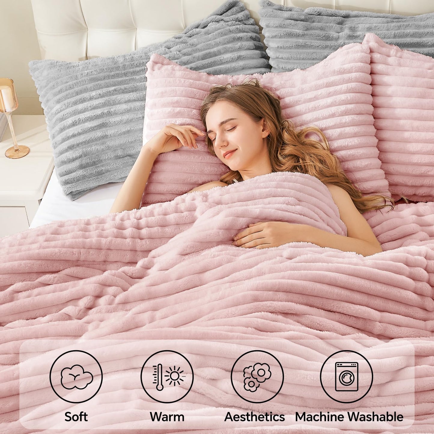 BEDELITE Fleece Queen Comforter Set -Super Soft & Warm Fluffy Pink Bedding, Luxury Fuzzy Heavy Bed Set for All Season with 2 Pillow Cases