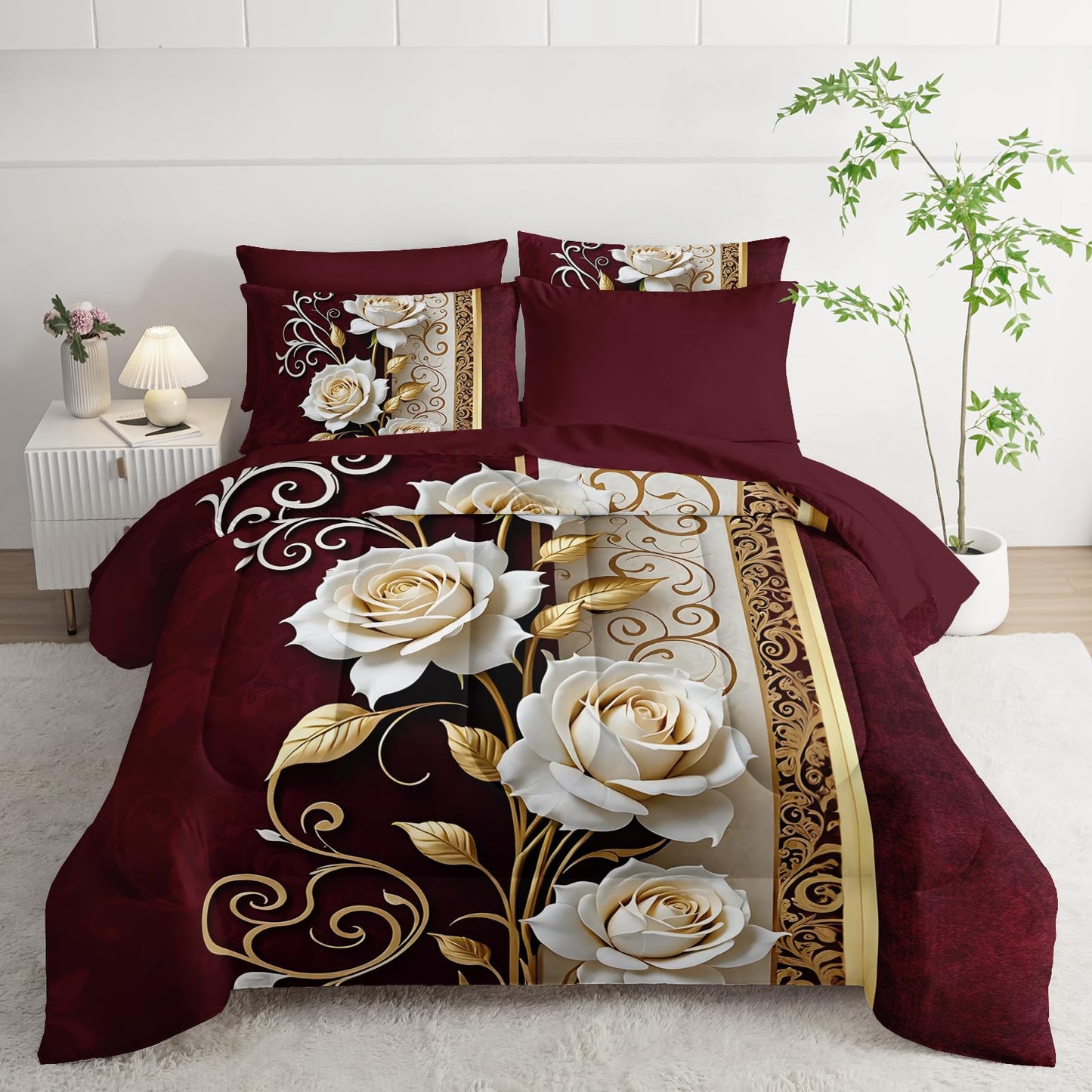 lneffble Red and White Floral Comforter Set Queen Size 7 Piece，Rose Queen Bedding Set，(1 Comforter, 1 Flat Sheet, 1 Fitted Sheet, 2 Pillowcase and 2 Pillow Sham)，White Rose Bedroom Decor