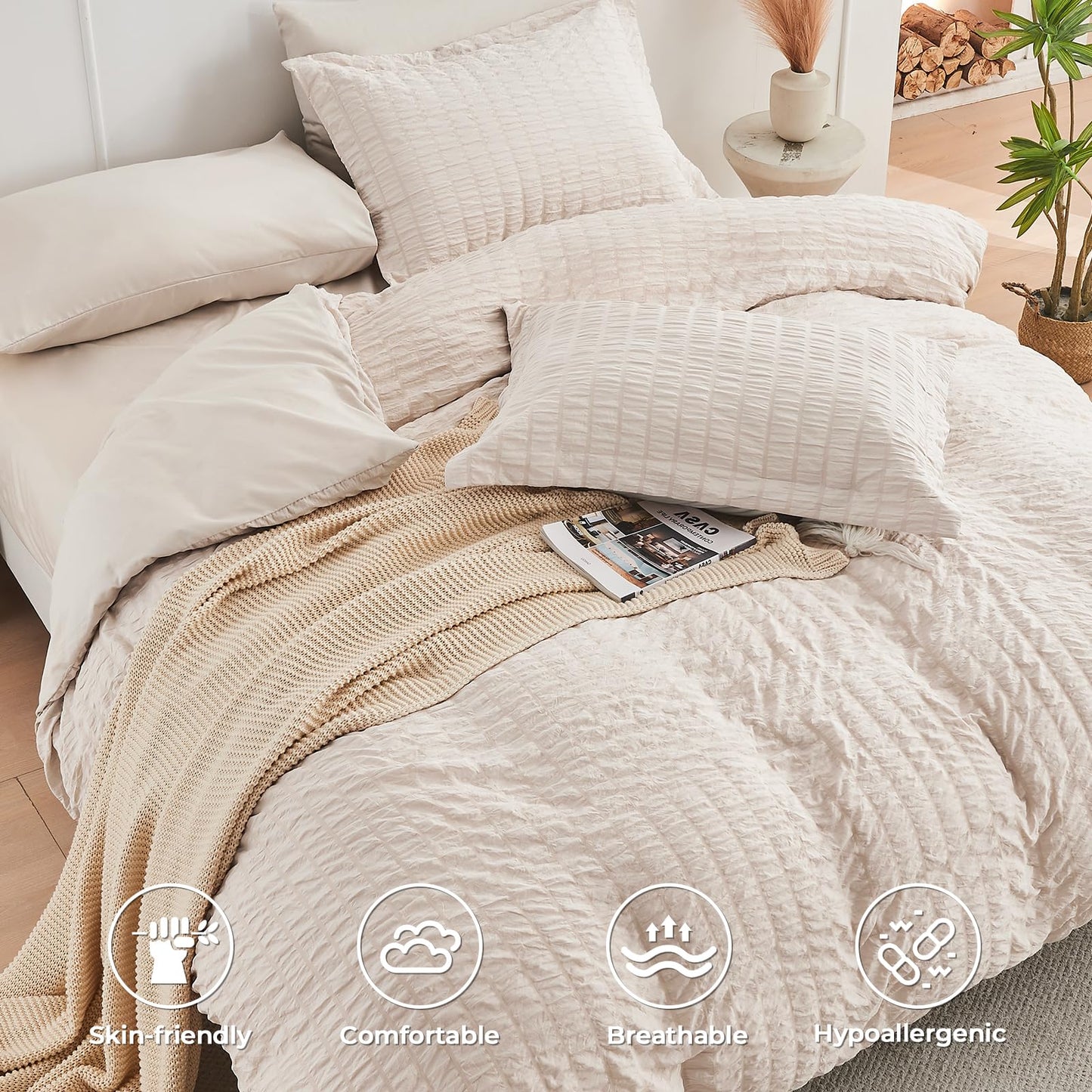 HYMOKEGE Beige Full Size Comforter Sets Seersucker 7 Pieces, All Season Luxury Bed in a Bag for Bedroom, Bedding Set with Comforters, Sheets, Pillowcases & Shams