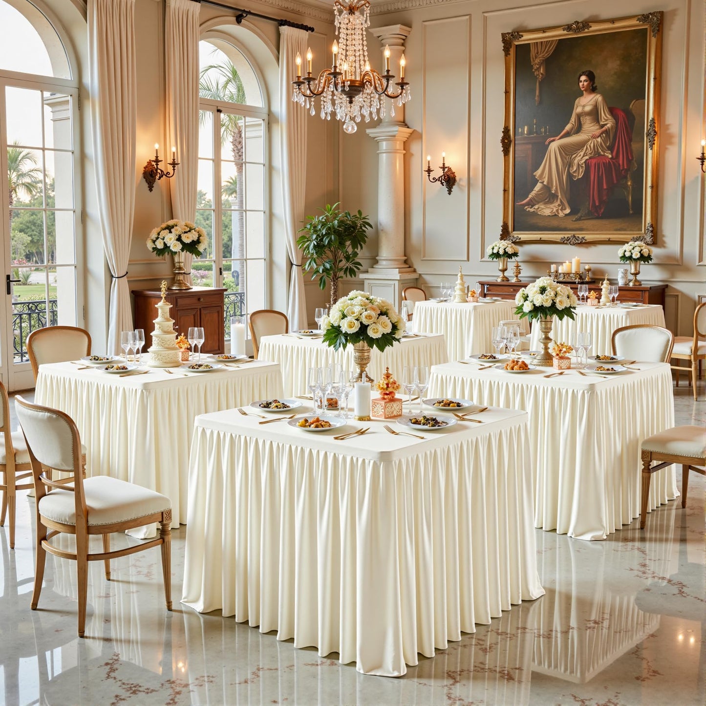 Ivory Square Tableloths 34x34 Inch 2 Packs, Stretch Fitted Square Table Cloth Washable Fabric Card Table Cover with Pleated Ruffle Skirt for Dining,Kitchen,Buffet Parties,Trade Show,Vendor Stand