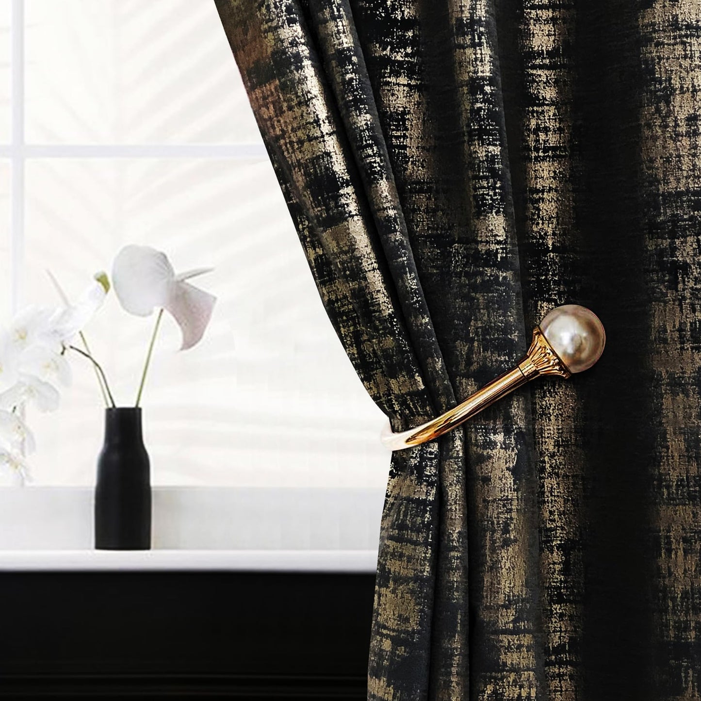 always4u Black Gold Soft Velvet Curtains 84 Inch Length Luxury Bedroom Curtains Gold Foil Print Window Treatments for Living Room Bedroom Set of 2