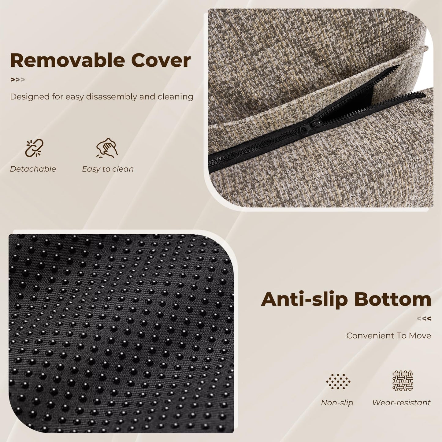 Furnimart High Density Foam Bean Bag Chair for Adults, XXL Boneless Floor Lounger with Ergonomic Back Support, No Sag Compression Foam, No Assembly, Washable Chenille Cover (Taupe)