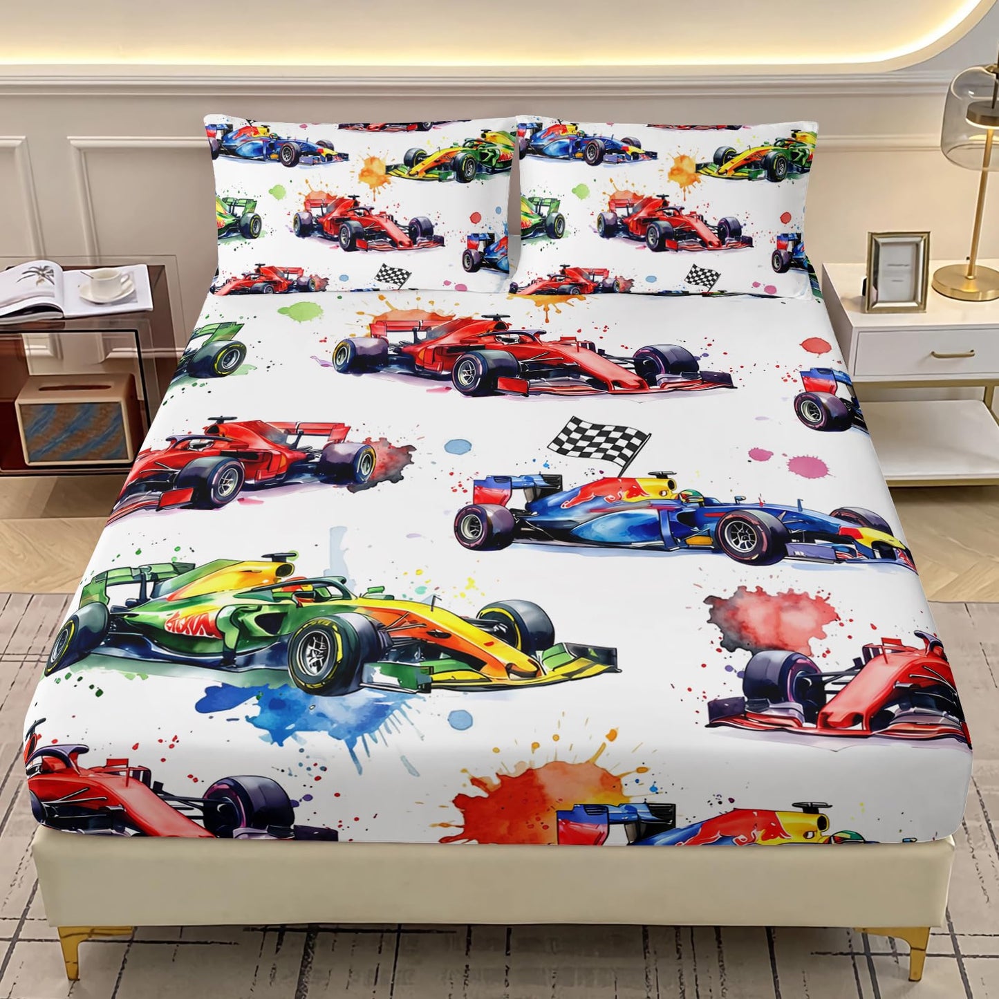 AILONEN Watercolor Race Car Twin Fitted Sheet Set 3 Piece,Artistic Sports Vehicle Bedding with 2 Pillowcases,Paint Splatter Linens for Boys Kids,16 Inch Deep Pocket Microfiber