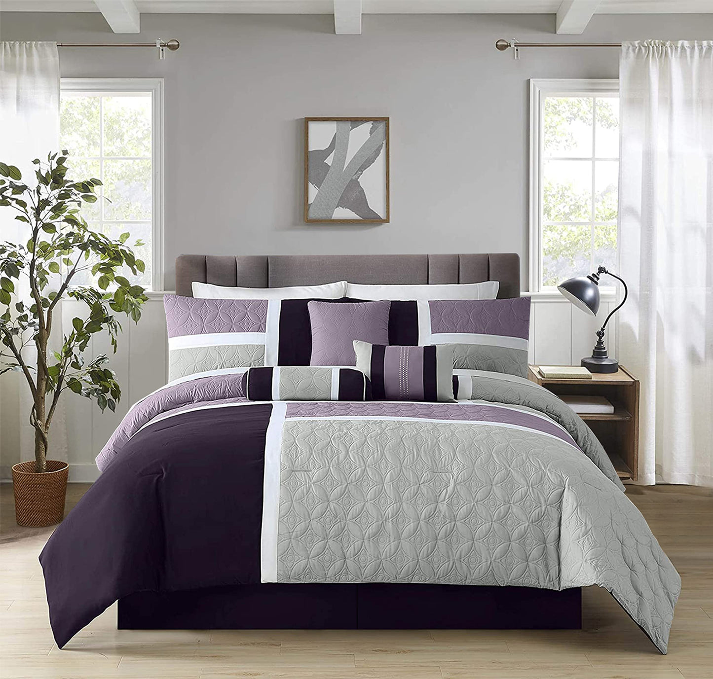 Chezmoi Collection Upland 7-Piece Quilted Patchwork Comforter Set, Lavender/Gray/Purple, King