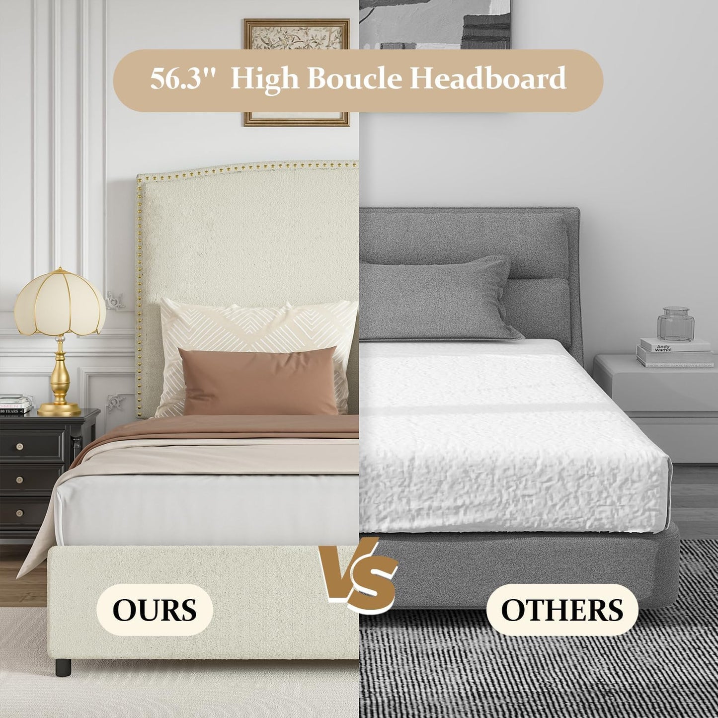 BarnFurin Queen Size Bed Frame with Headboard, 56" Upholstered Platform Bed with Nailhead Trim, Soft Boucle Fabric, No Box Spring Needed, Easy Assembly, Beige
