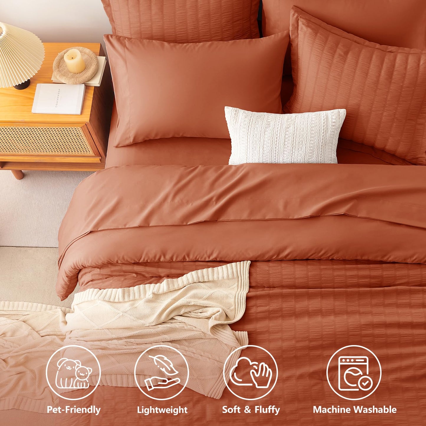 CozyLux Queen Comforter Set Burnt Orange, 7 Pieces Seersucker Textured Luxury Bed in a Bag, Terracotta All Seasons Bedding Sets with Down Alternative Comforter, Sheets, Pillowcases & Shams, Home Gift