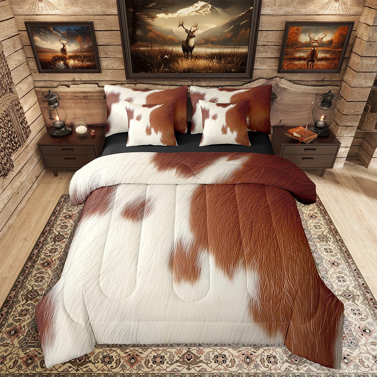 Erosebridal Cowhide Comforter Set King Size for Boys Farm Animal Fur Bedding Set 7 Piece Cute Cow Print Bed in A Bag for Kids Teens Youth Women Room Farmhouse Wildlife Skin Sheets, Breathable