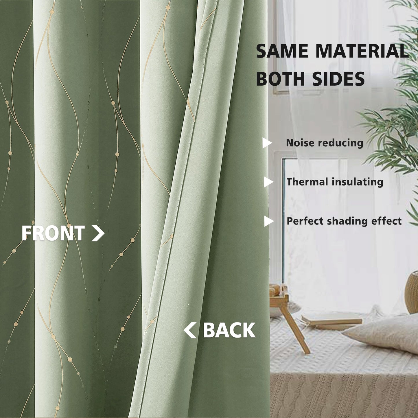 BUHUA Blackout Curtains Gold Foil Print Wave Line and Dots Grommet Drapes, Room Darkening Thermal Insulated Curtains, Noise Reducing Curtain for Bedroom, Sage Green, 52Wx72L, 2 Panels