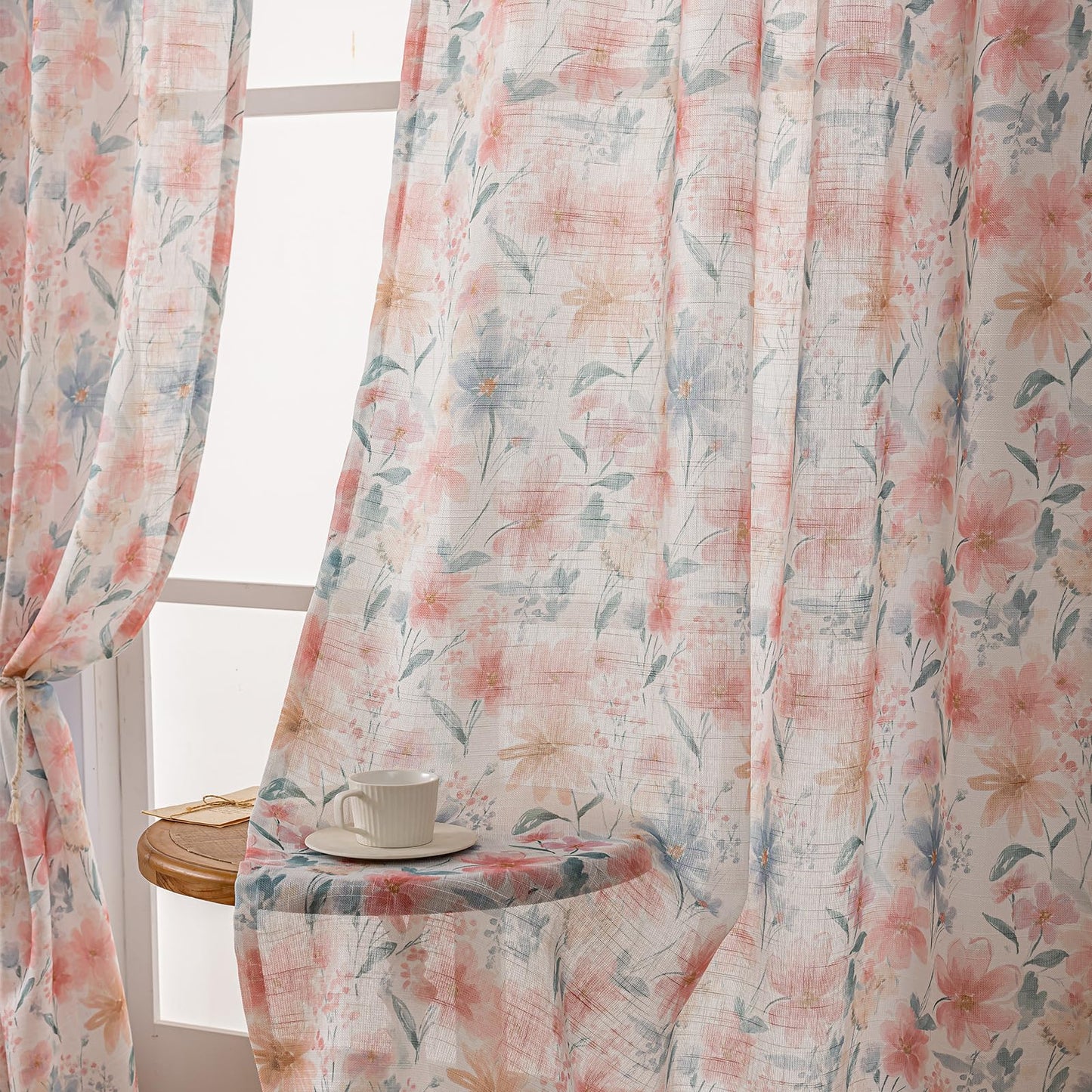 SUOUO Red Floral Semi Sheer Curtains Linen Textured for Living Room 84 inches Long Rod Pocket Print Grey Blue Leaf Window Drapes for Bedroom 2 Panels