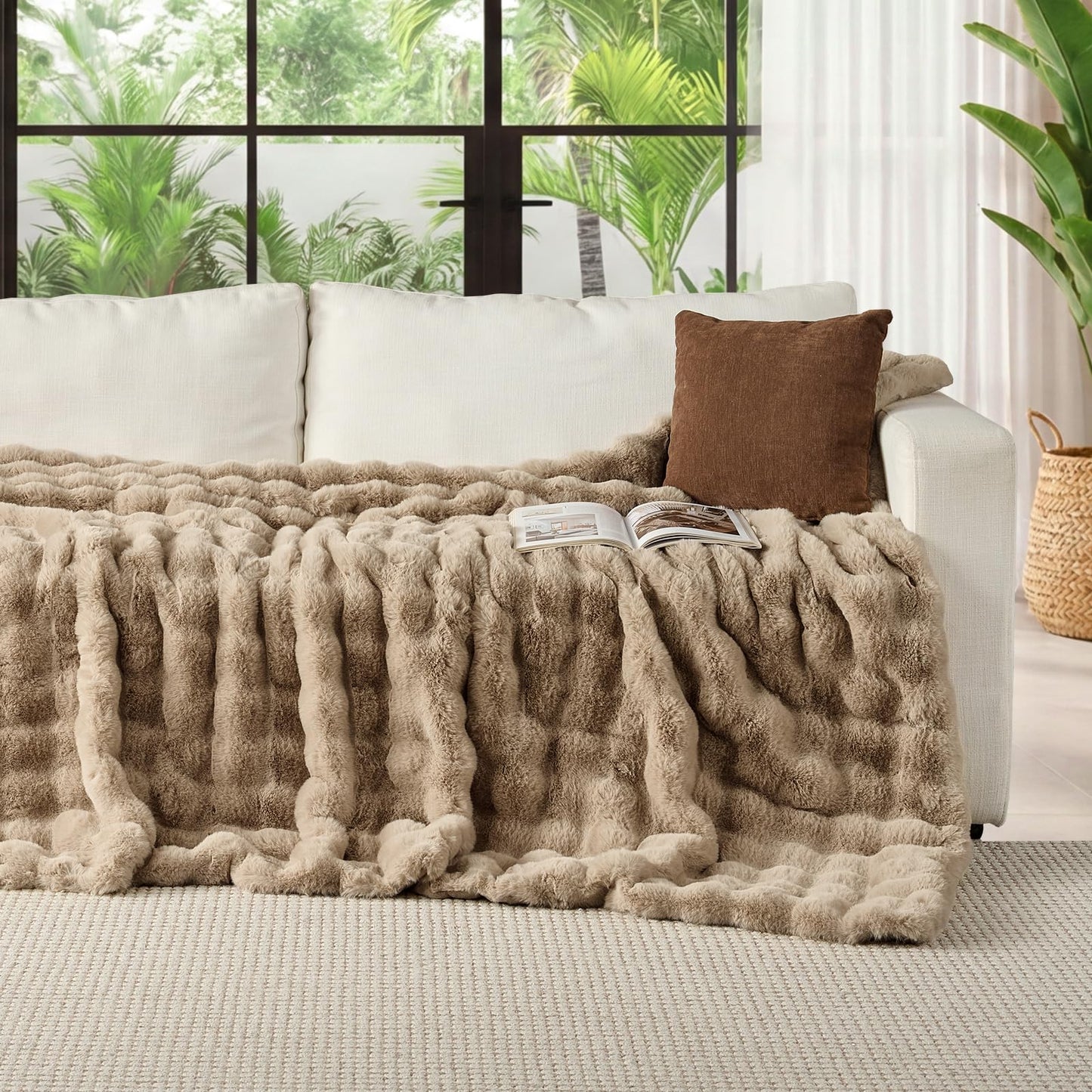 Lotus Karen Faux Fur Throw Blanket Khaki - Big Bubble Rabbit Fluff Blanket for Couch, Small Fluffy Fuzzy Cozy Blanket, Thick Furry Plush Shaggy Blankets, 50x60 Inches