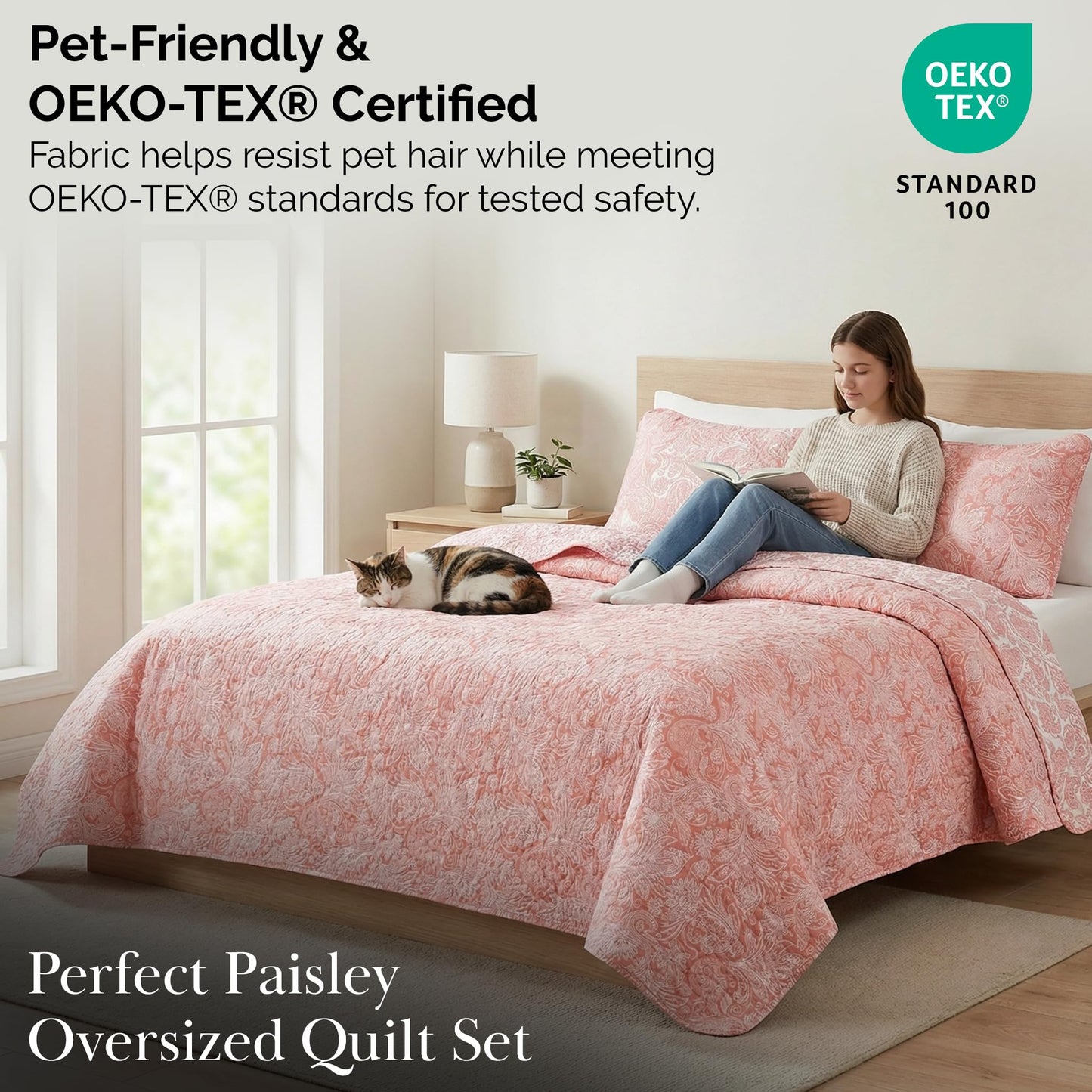 Southshore Fine Living, Inc. Paisley Quilt Set King/California Size, Light Weight Bedspread, 3-Piece Set Bohemian Bedding with Two Matching Quilted Pillow Shams, Cal/King Quilt, Reversible Coral