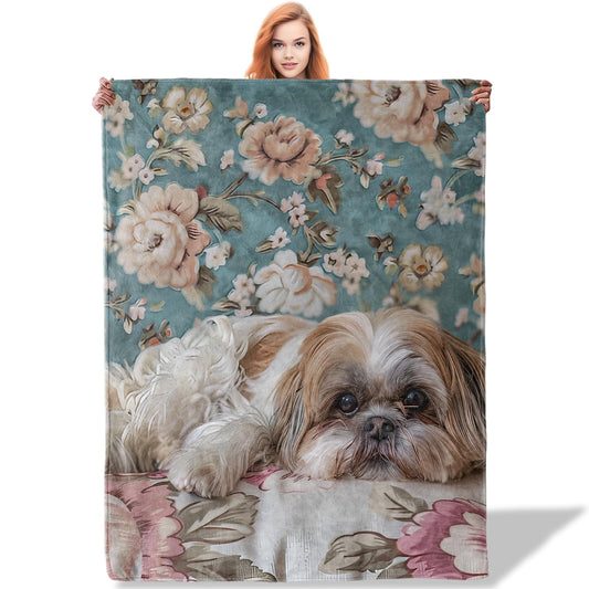 Plistiz Shih Tzu Dog Throw Blanket for Women Girls Boys, Soft Flannel Blankets Gifts for Living Room Couch, Home, Sofa Decor, 50"x60"