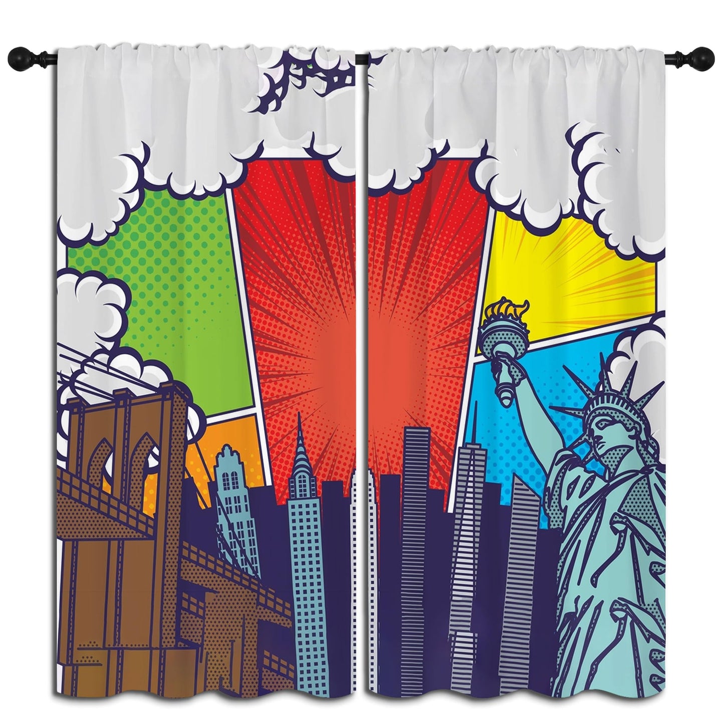 PYMATYTN City Rod Pocket Blackout Curtains for Boy Girl Bedroom, Pop Art Style New York Cityscape Thermal Insulated Home Window Drapes for Living Room Darkening, 42x45 inch