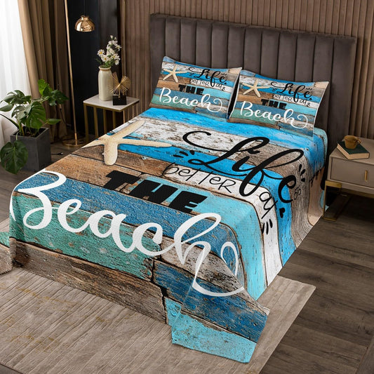 Castle Fairy Blue Farmhouse Barn Door Bedspread Queen Size,Lake House Bedding Set for Kids Teens Adults Room Decor,Hawaiian Ocean Comforter Set Starfish Sea Life Quilt Set,2 Pillowcases,Vintage Brown