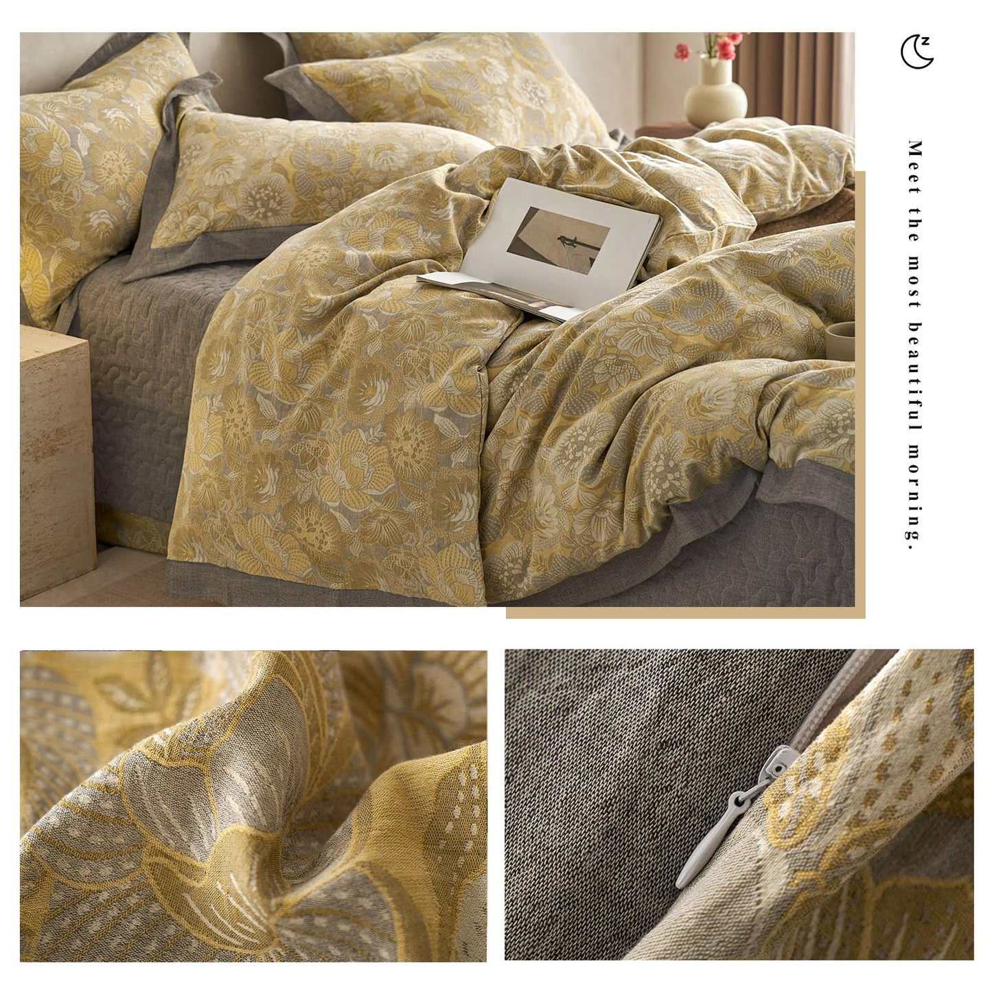 VM VOUGEMARKET Yellow Flower Duvet Cover Queen,3 Pieces Retro Jacquard Golden Floral Bedding Set,Linen Cotton Yarn-Dyed Textured Duvet Cover with Zipper Closure